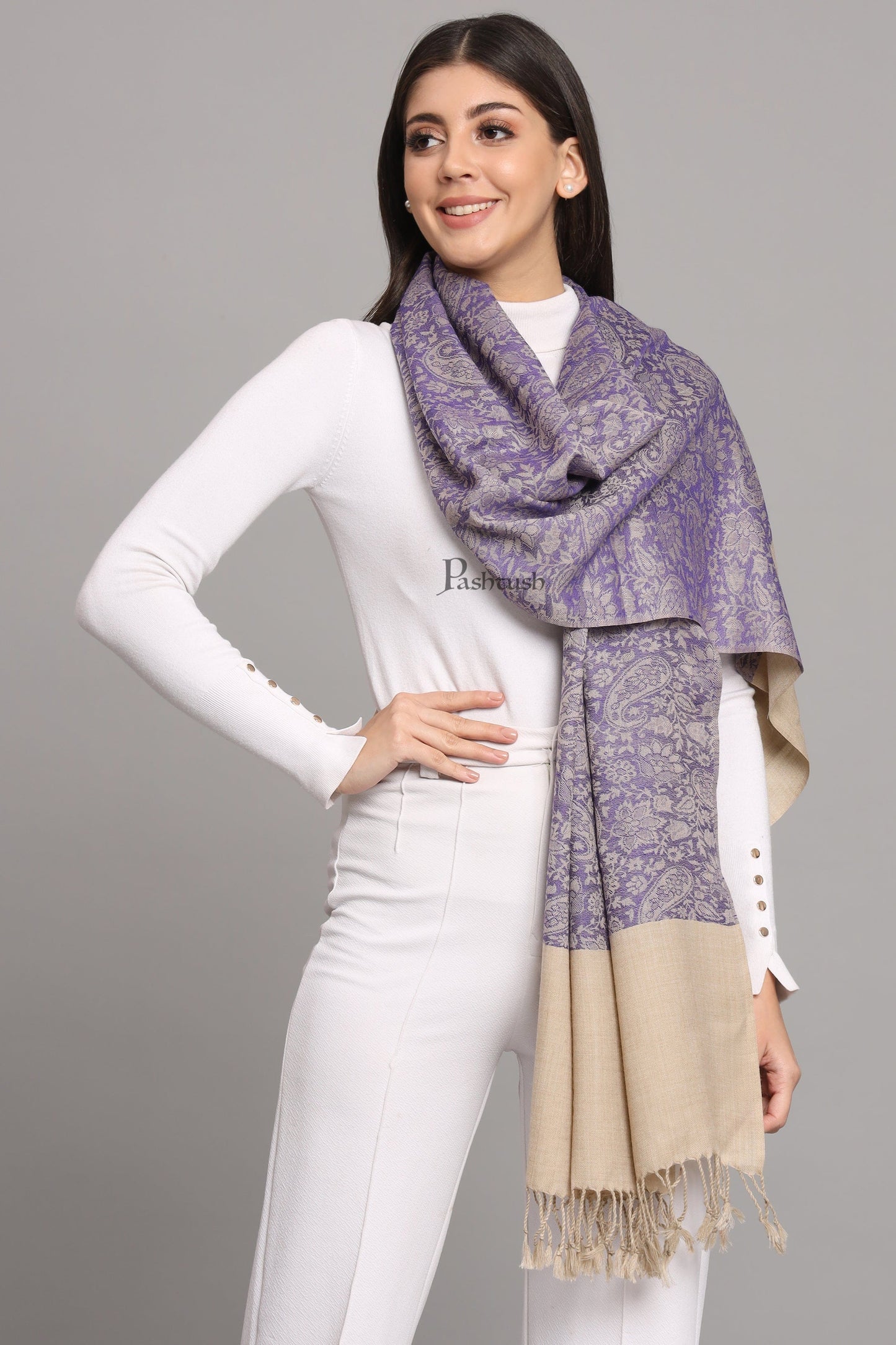 Pashtush India Womens Stoles Pashtush Womens Fine Wool Stole, Pasiley Design, Blue