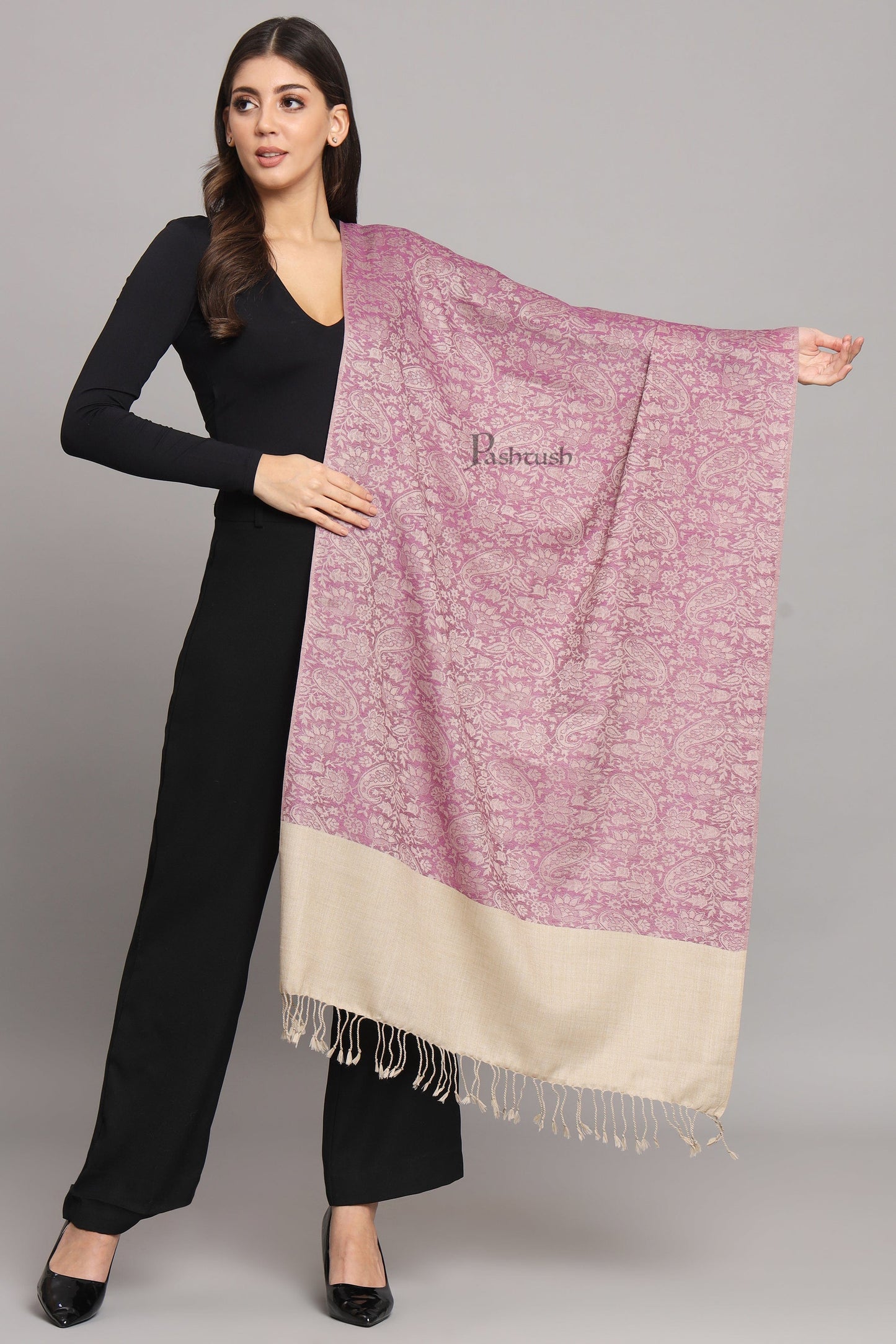 Pashtush India Womens Stoles Pashtush Womens Fine Wool Stole, Pasiley Design, Peel Lilac