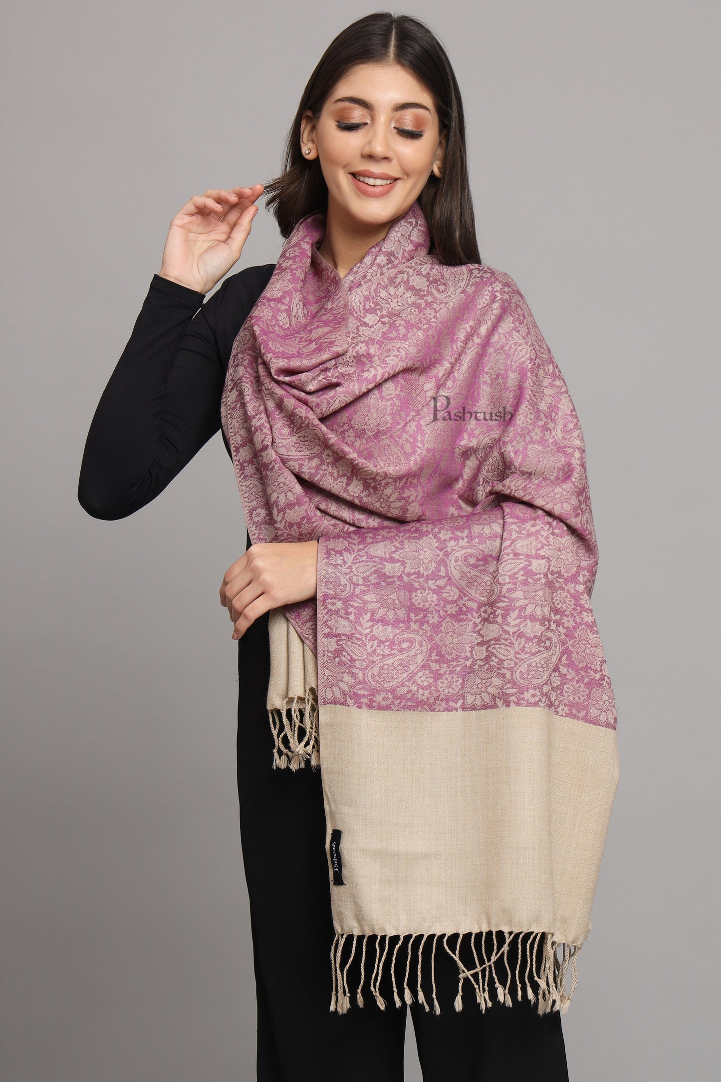 Pashtush India Womens Stoles Pashtush Womens Fine Wool Stole, Pasiley Design, Peel Lilac