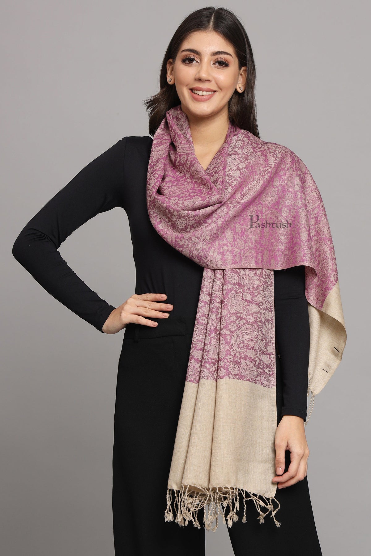 Pashtush India Womens Stoles Pashtush Womens Fine Wool Stole, Pasiley Design, Peel Lilac