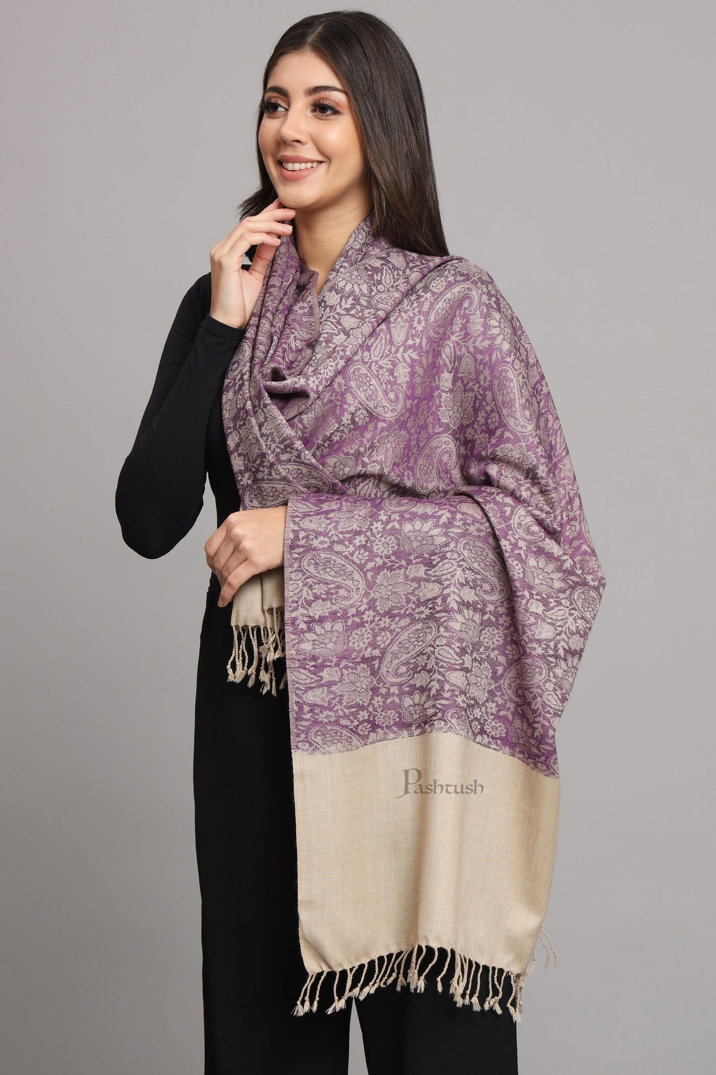 Pashtush India Womens Stoles Pashtush Womens Fine Wool Stole, Pasiley Design, Purple