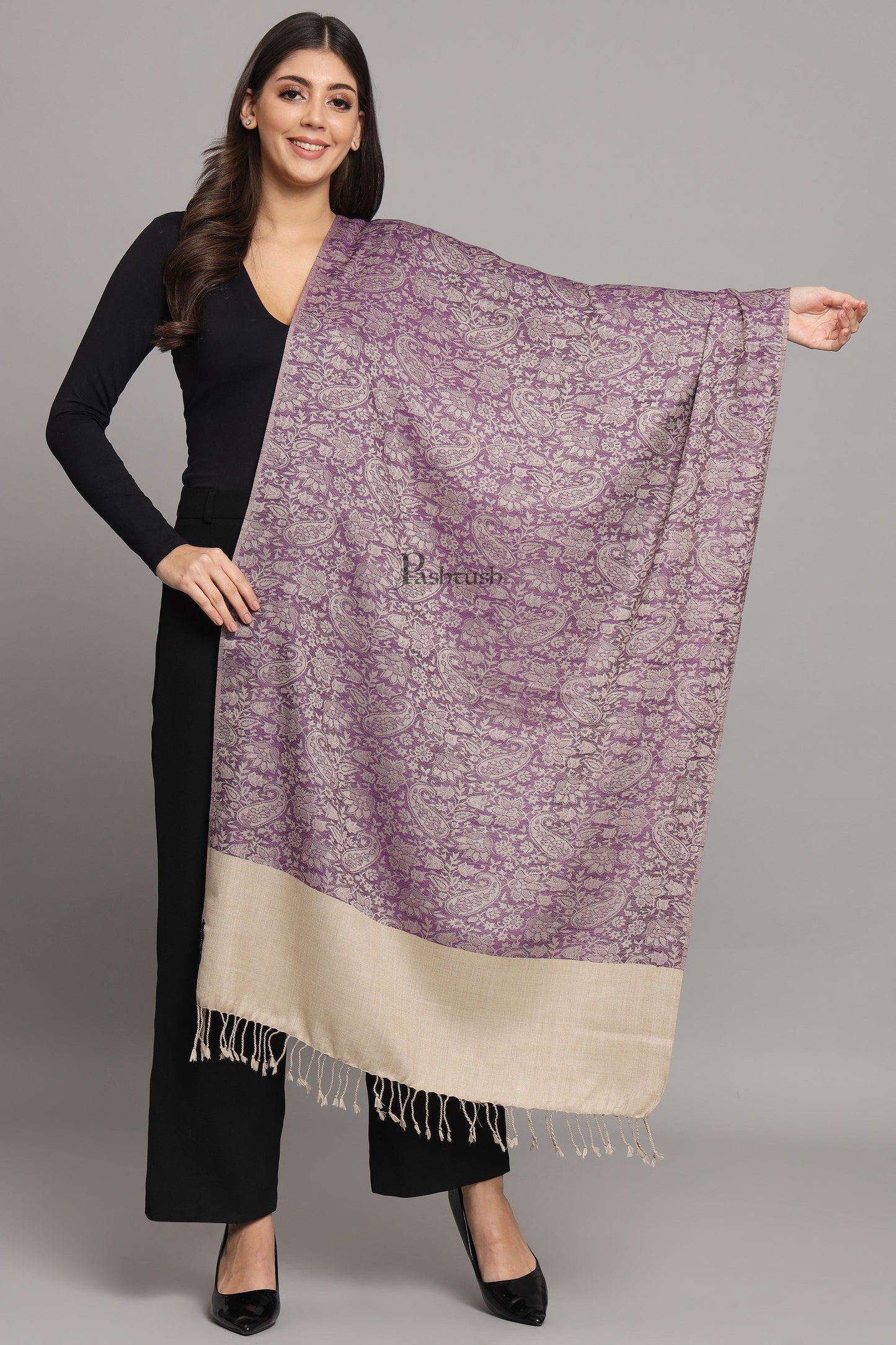 Pashtush India Womens Stoles Pashtush Womens Fine Wool Stole, Pasiley Design, Purple