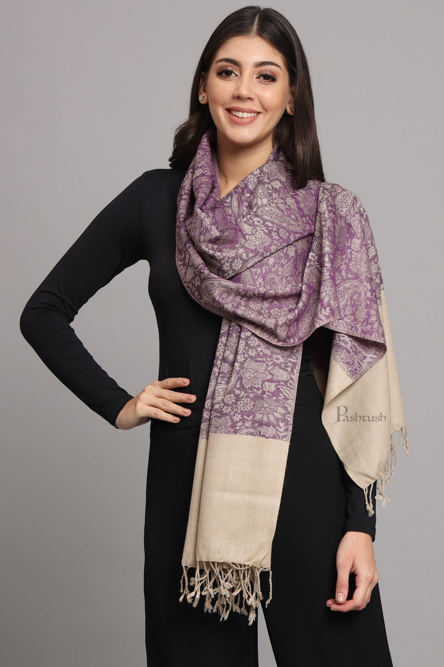 Pashtush India Womens Stoles Pashtush Womens Fine Wool Stole, Pasiley Design, Purple