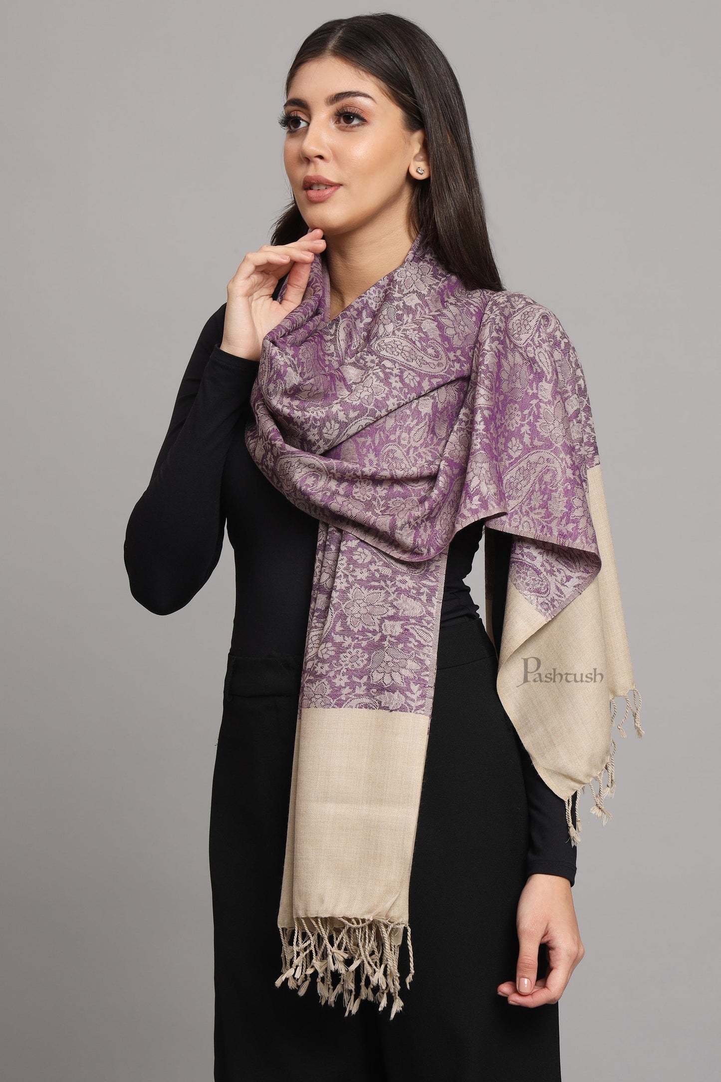 Pashtush India Womens Stoles Pashtush Womens Fine Wool Stole, Pasiley Design, Purple