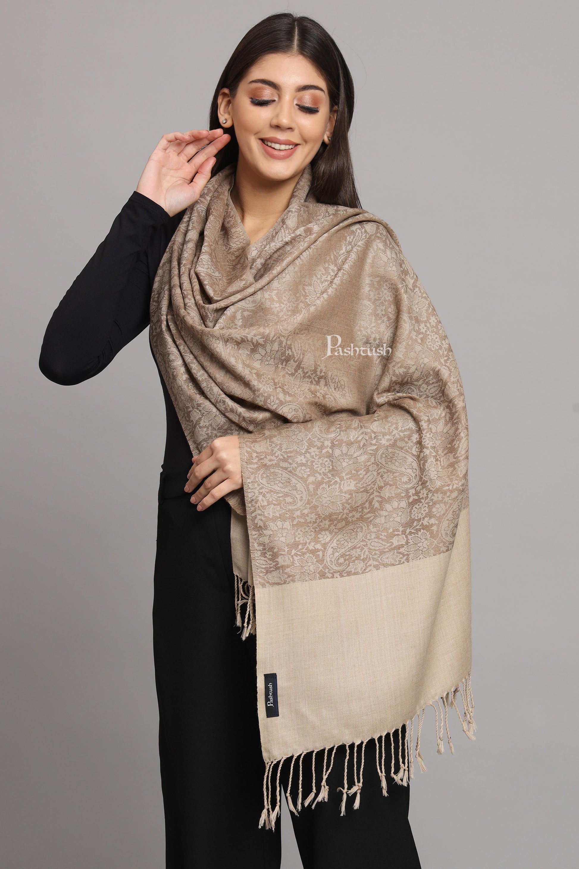 Pashtush India Womens Stoles Pashtush Womens Fine Wool Stole, Pasiley  Design, Taupe