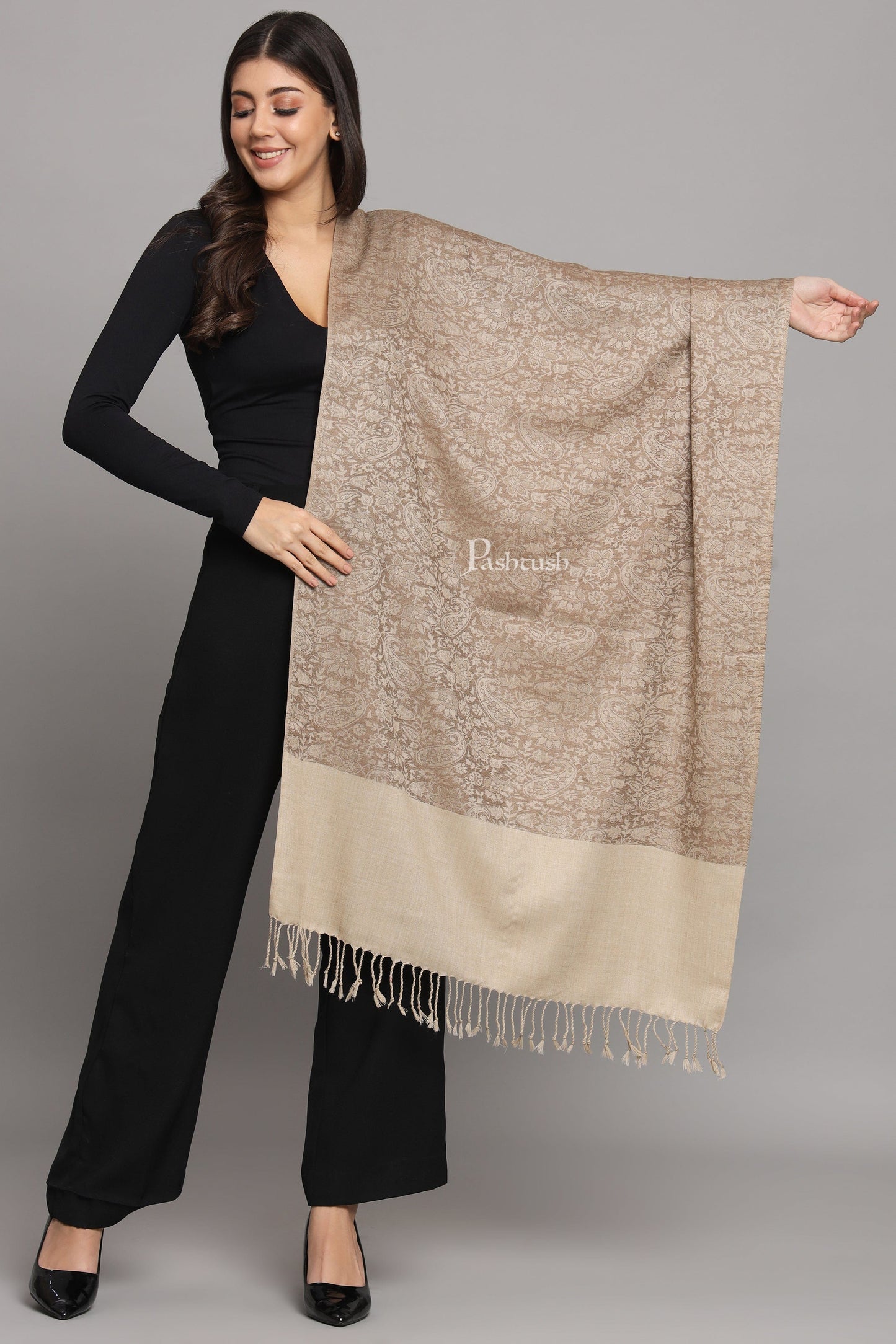 Pashtush India Womens Stoles Pashtush Womens Fine Wool Stole, Pasiley  Design, Taupe
