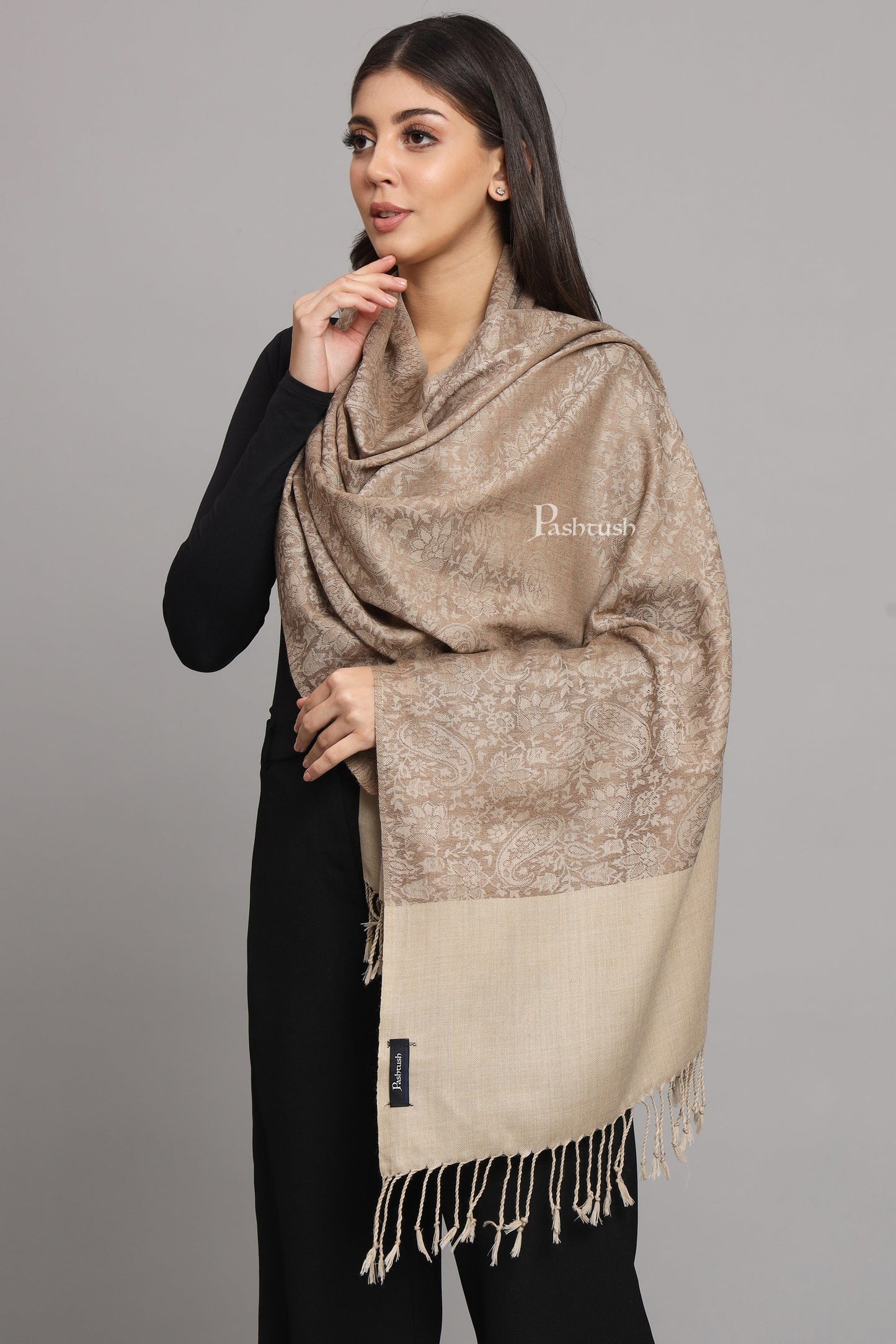 Pashtush India Womens Stoles Pashtush Womens Fine Wool Stole, Pasiley Design, Taupe