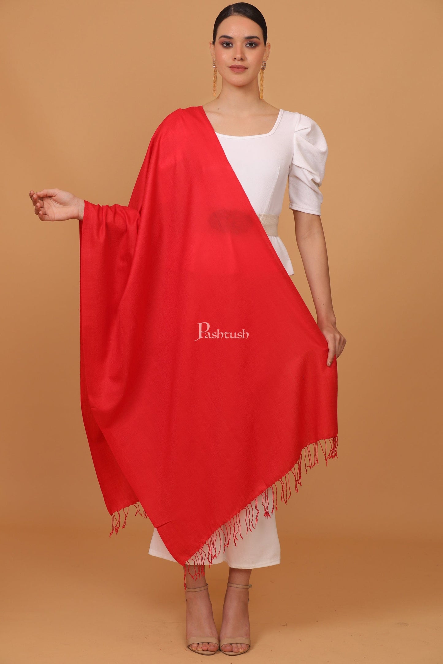 Pashtush India Womens Stoles and Scarves Scarf Pashtush womens Fine Wool stole, plain design, Red