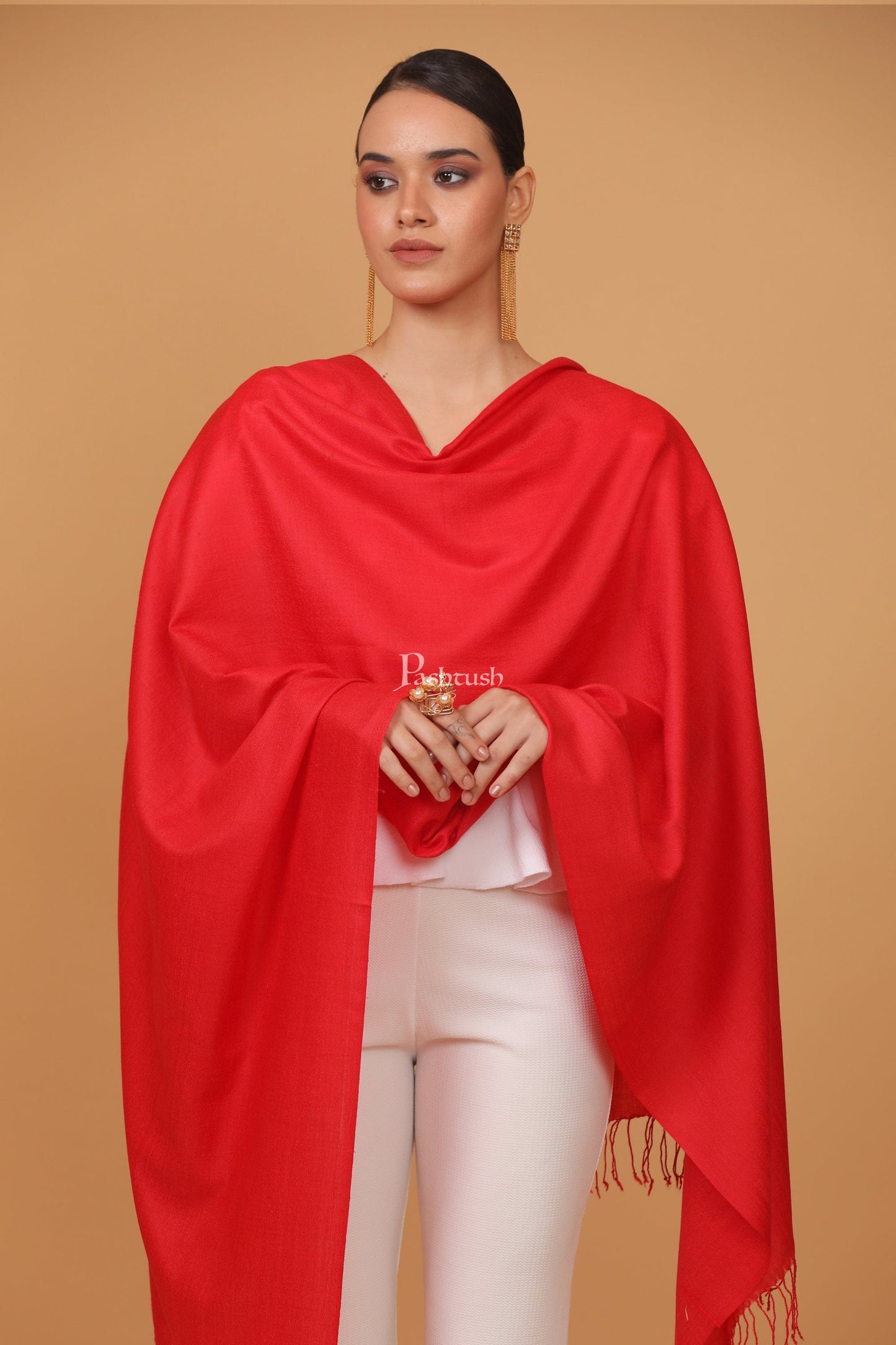 Pashtush India Womens Stoles and Scarves Scarf Pashtush womens Fine Wool stole, plain design, Red
