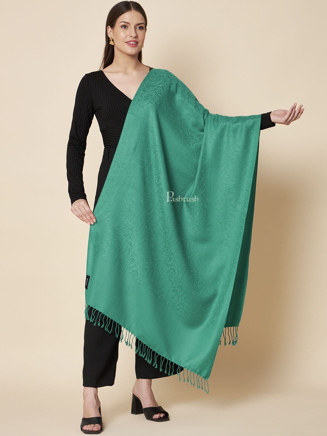 Pashtush India Womens Stoles and Scarves Scarf Pashtush Womens Fine Wool Stole, Self Design Design, Arabic Sea Blue