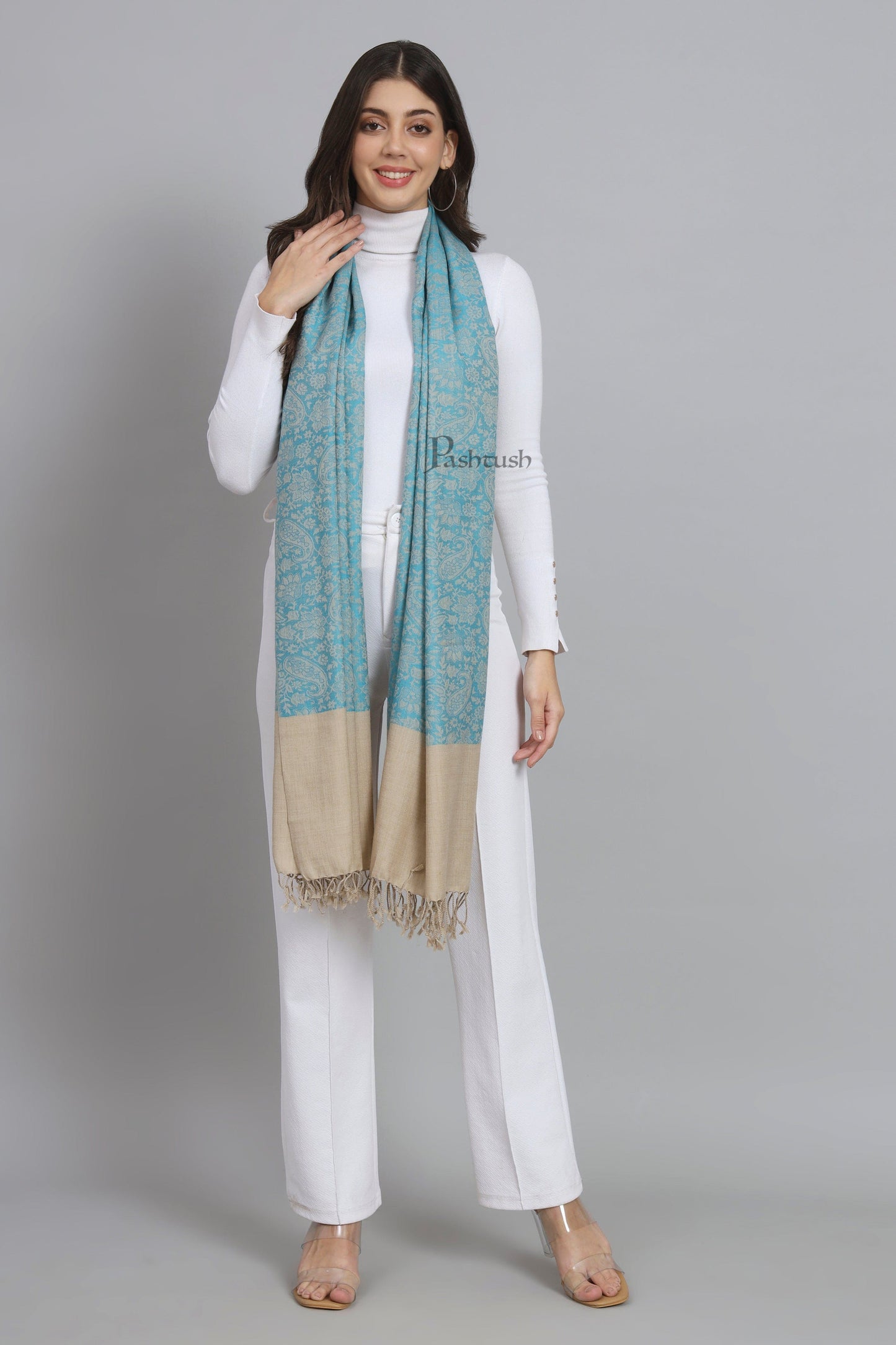 Pashtush India Womens Stoles and Scarves Scarf Pashtush Womens Fine Wool Stole, Self Paisley Weave, Woven Design, Arabic Sea Blue