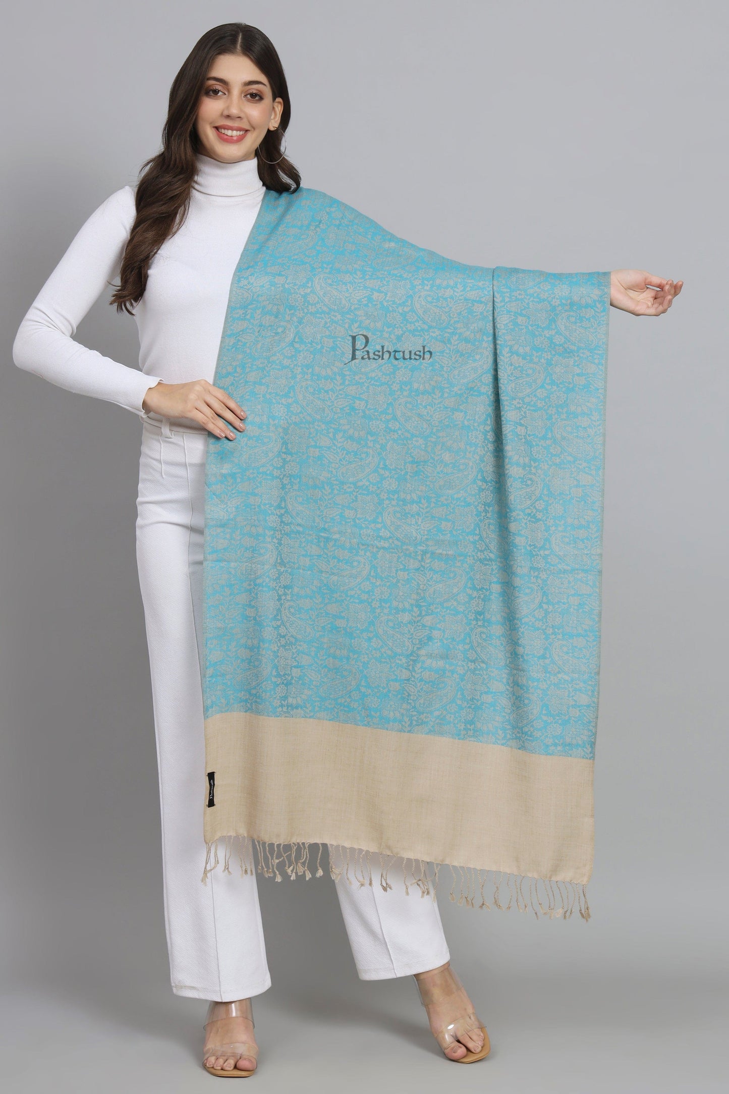 Pashtush India Womens Stoles and Scarves Scarf Pashtush Womens Fine Wool Stole, Self Paisley Weave, Woven Design, Arabic Sea Blue