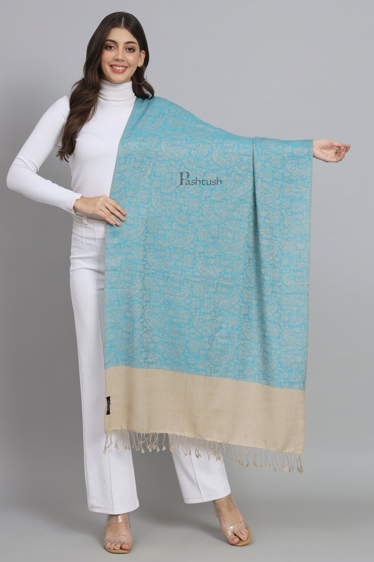 Pashtush India Womens Stoles and Scarves Scarf Pashtush Womens Fine Wool Stole, Self Paisley Weave, Woven Design, Arabic Sea Blue