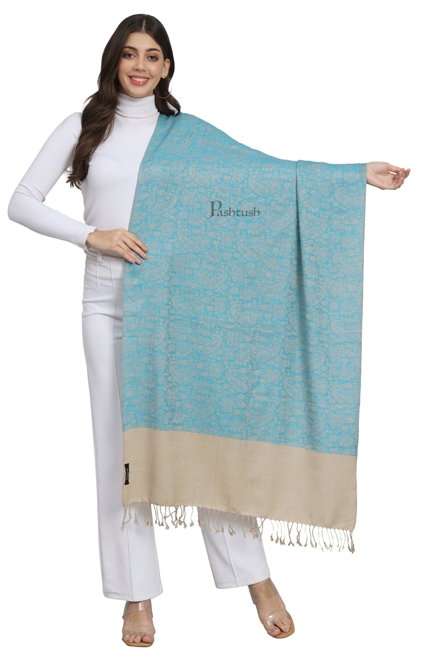 Pashtush India Womens Stoles and Scarves Scarf Pashtush Womens Fine Wool Stole, Self Paisley Weave, Woven Design, Arabic Sea Blue