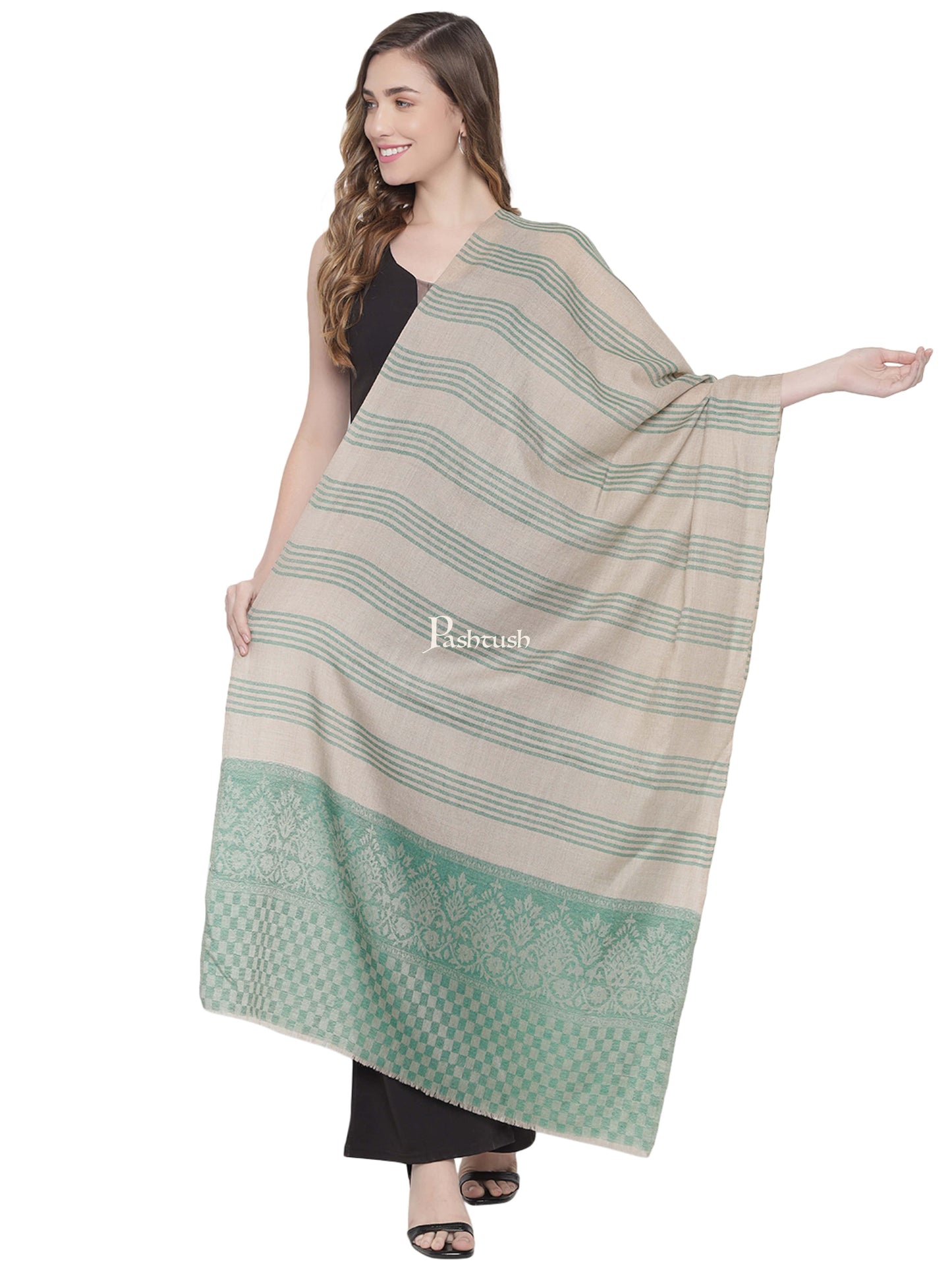 Pashtush India Womens Stoles and Scarves Scarf Pashtush Womens, Fine Wool Stole, Striped Weave, Beige and Green