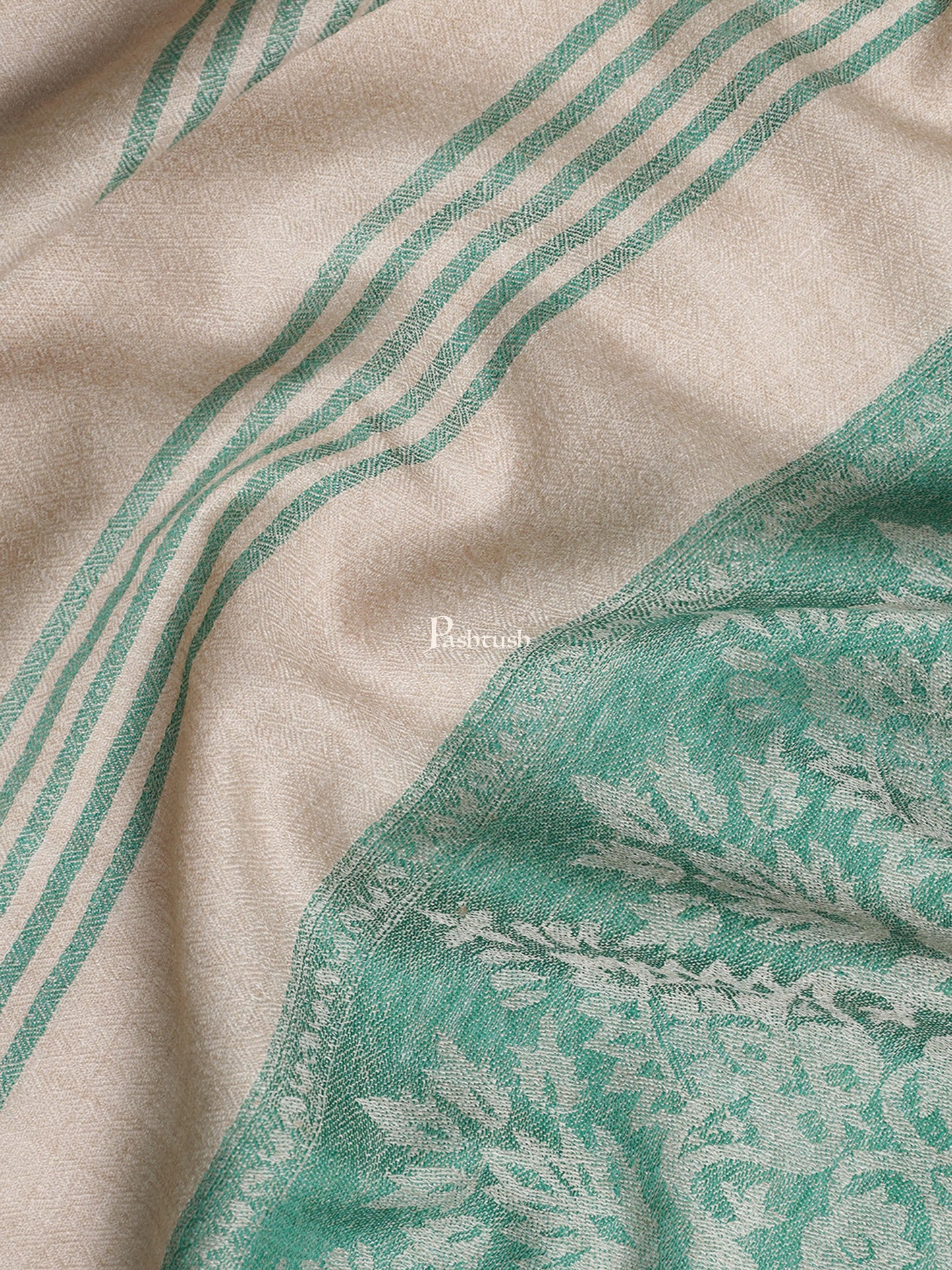 Pashtush India Womens Stoles and Scarves Scarf Pashtush Womens, Fine Wool Stole, Striped Weave, Beige and Green