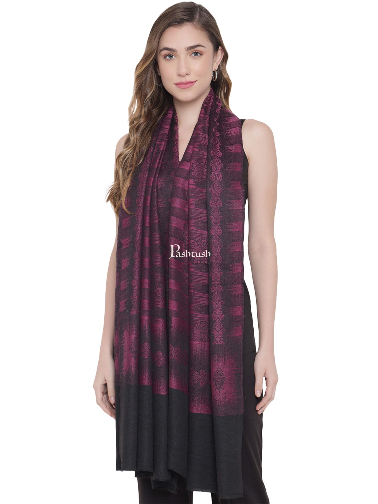 Pashtush India Womens Stoles and Scarves Scarf Pashtush Womens Fine Wool Stole, Striped Weave, Black and Violet