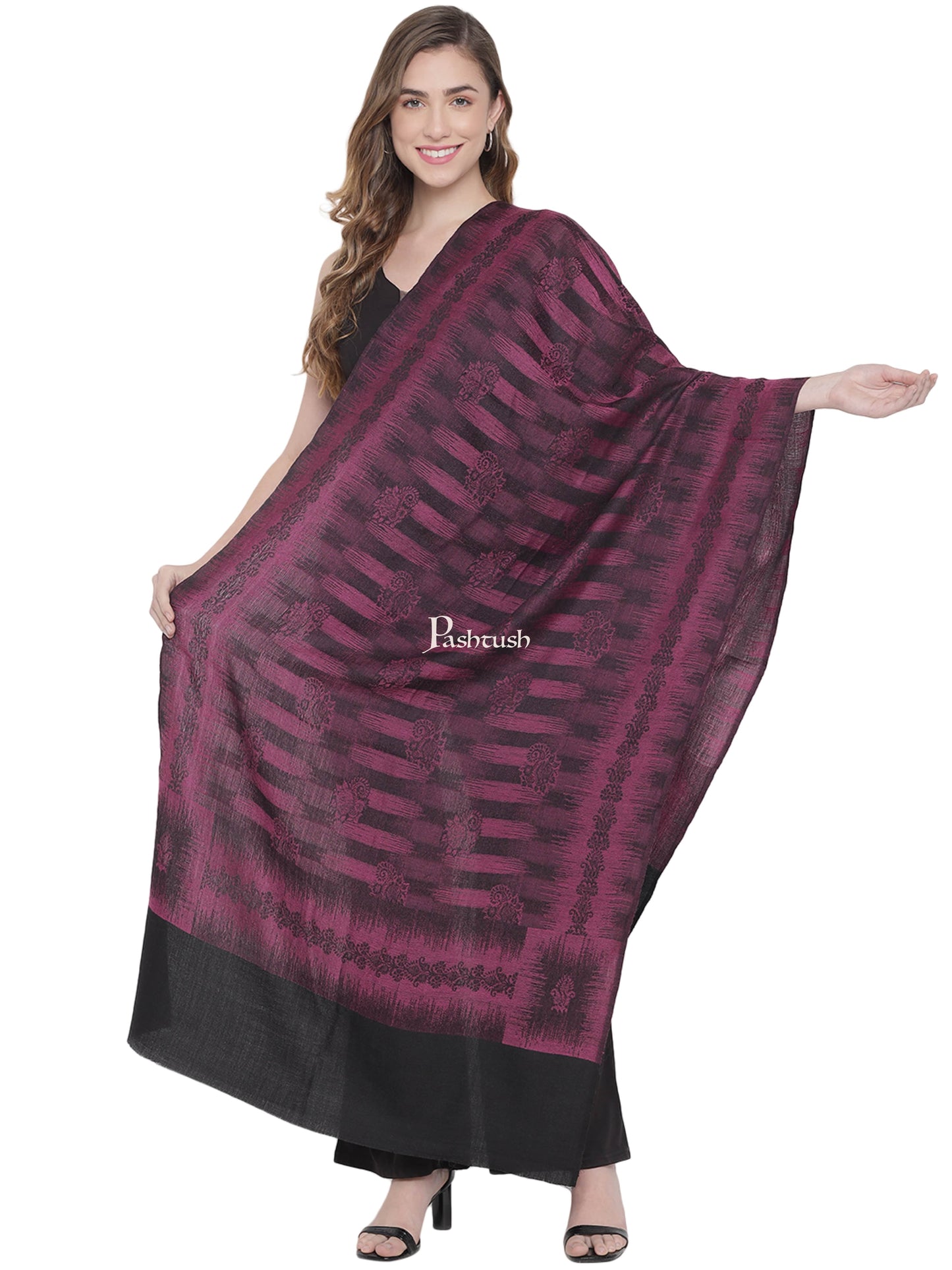 Pashtush India Womens Stoles and Scarves Scarf Pashtush Womens Fine Wool Stole, Striped Weave, Black and Violet