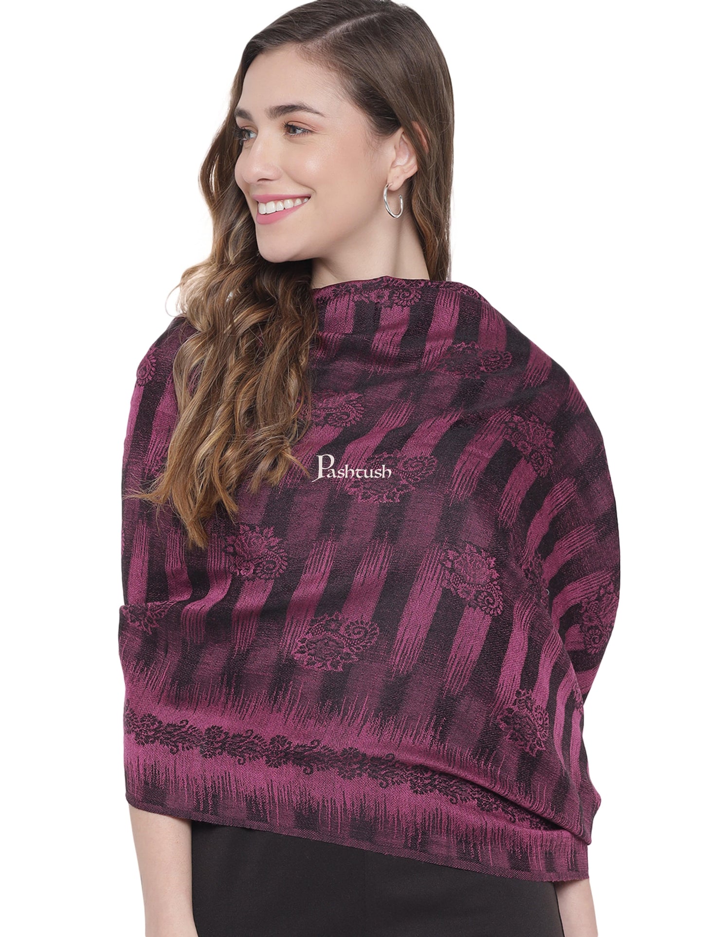 Pashtush India Womens Stoles and Scarves Scarf Pashtush Womens Fine Wool Stole, Striped Weave, Black and Violet