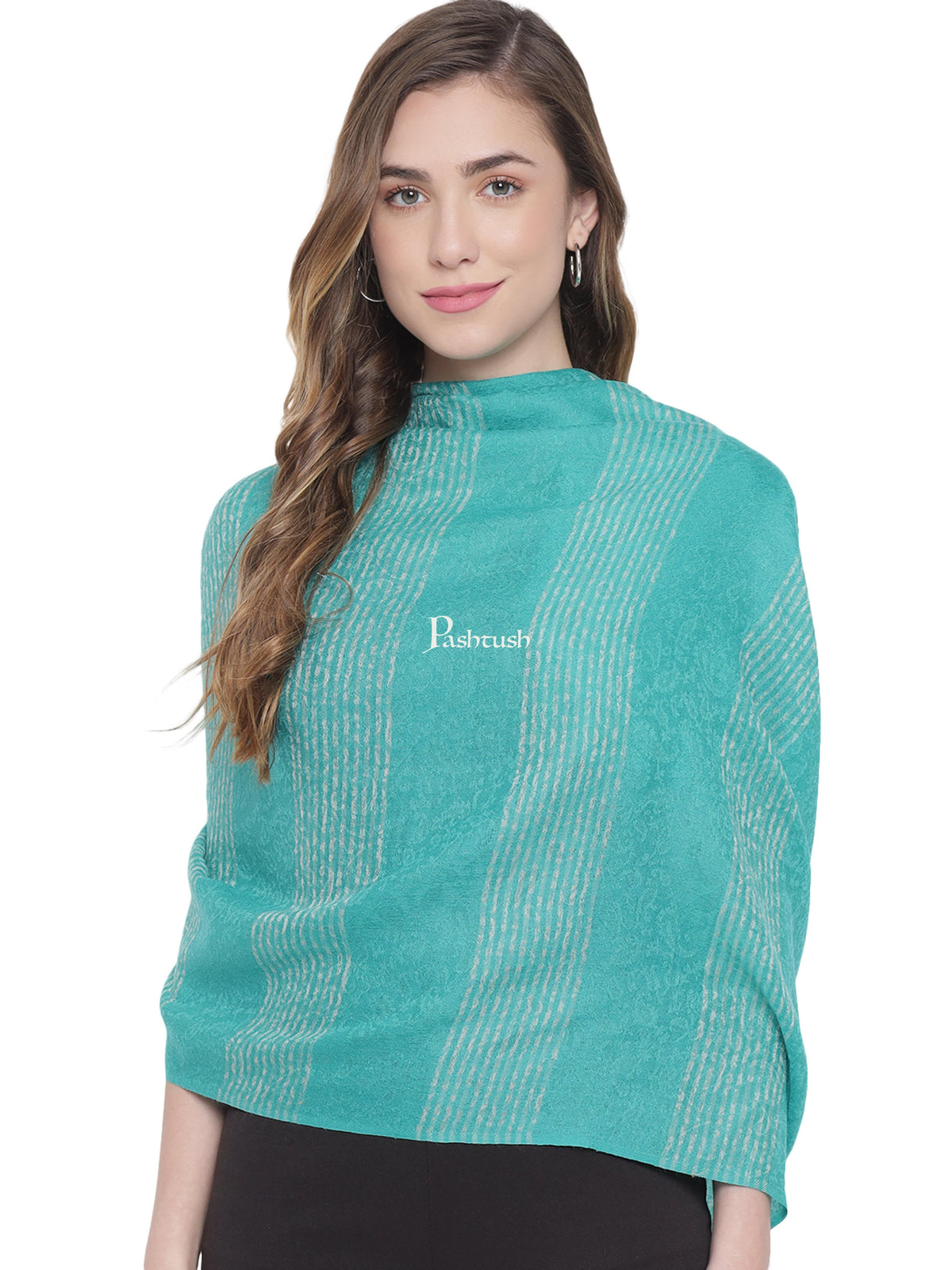 Pashtush India Womens Stoles and Scarves Scarf Pashtush Womens Fine Wool Stole, Striped Weave, Peruvian Green