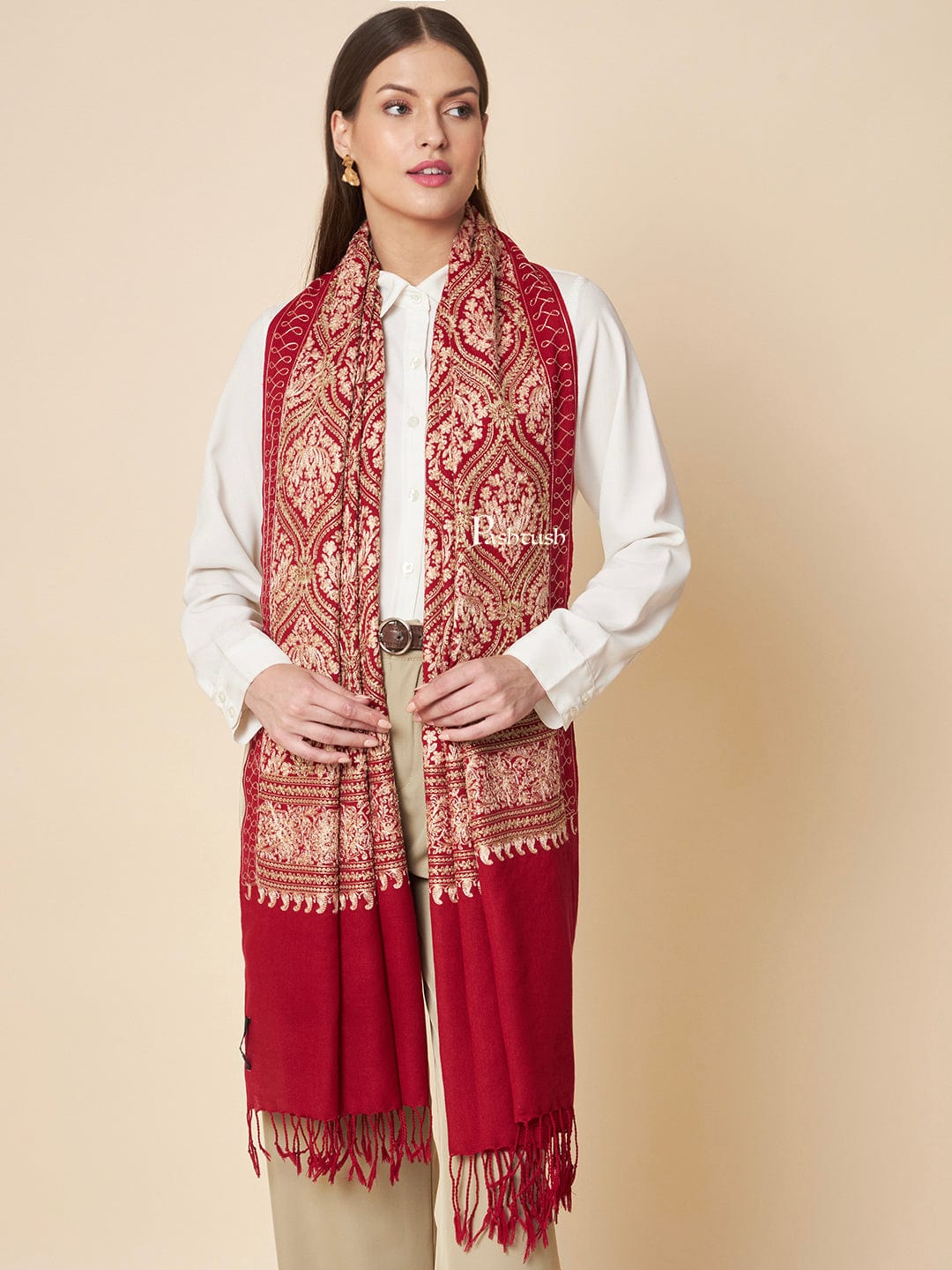 Pashtush India Womens Stoles and Scarves Scarf Pashtush Womens Fine Wool Stole, Tonal Nalki Embroidery Design, Maroon