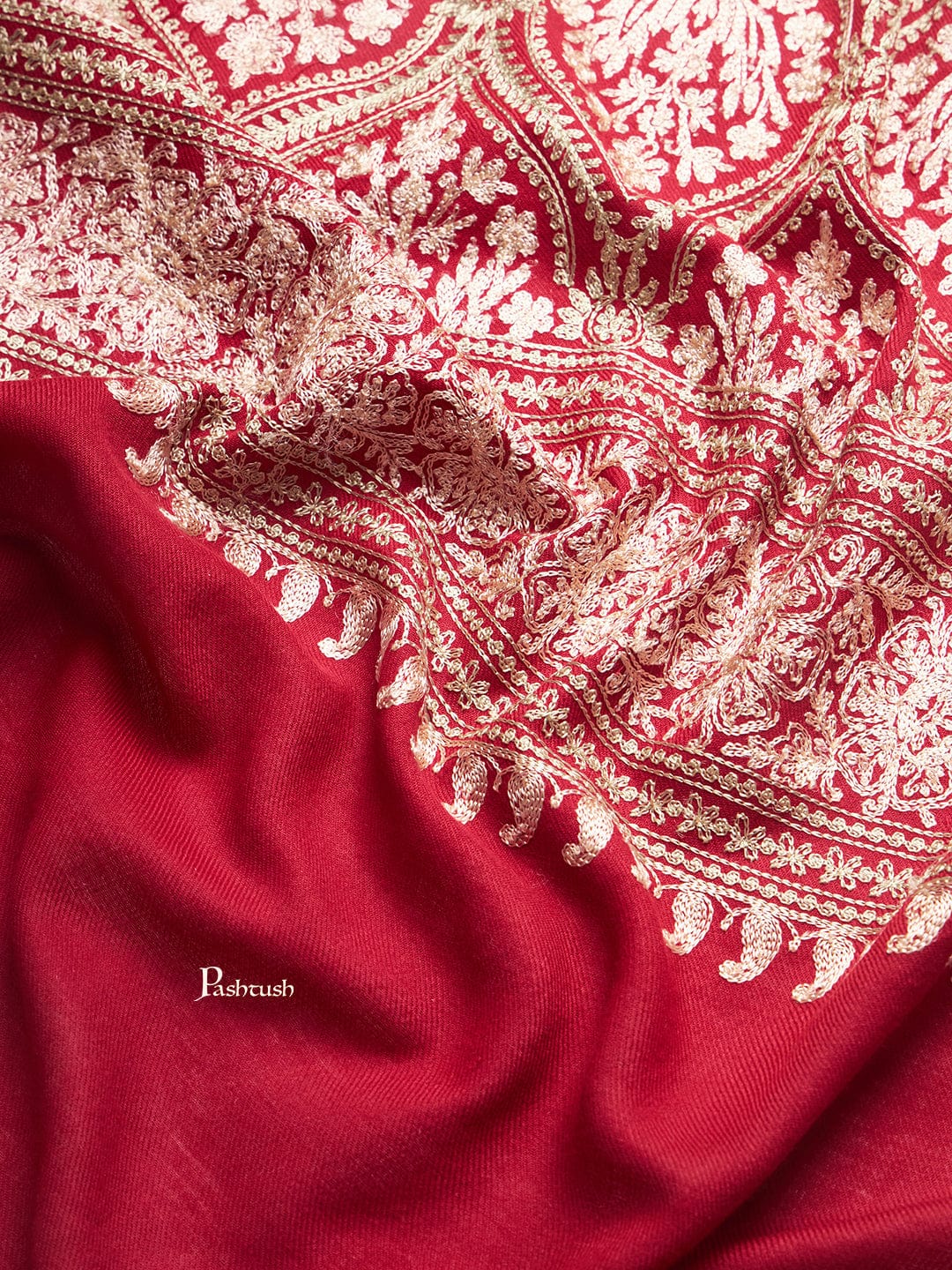 Pashtush India Womens Stoles and Scarves Scarf Pashtush Womens Fine Wool Stole, Tonal Nalki Embroidery Design, Maroon
