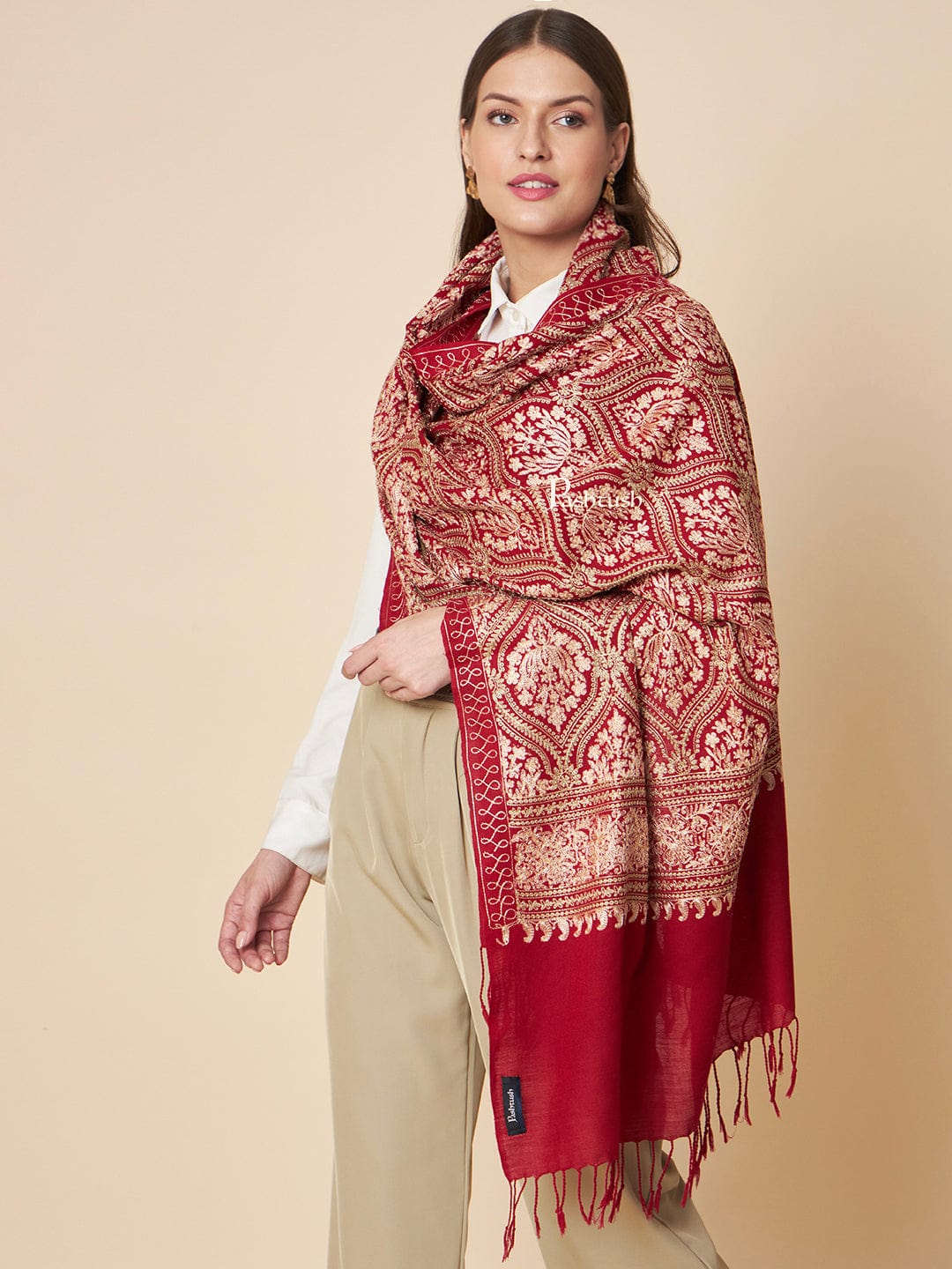 Pashtush India Womens Stoles and Scarves Scarf Pashtush Womens Fine Wool Stole, Tonal Nalki Embroidery Design, Maroon