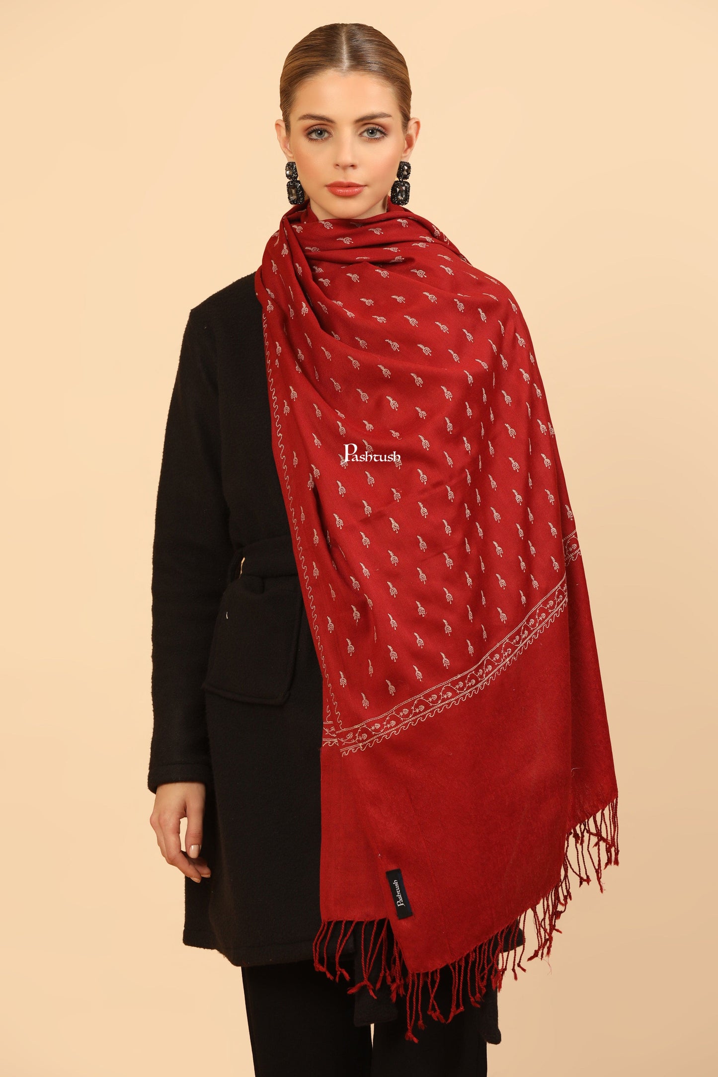 Pashtush India Womens Stoles Pashtush Womens Fine Wool Stole, Tone On Tone Embroidery Design, Maroon