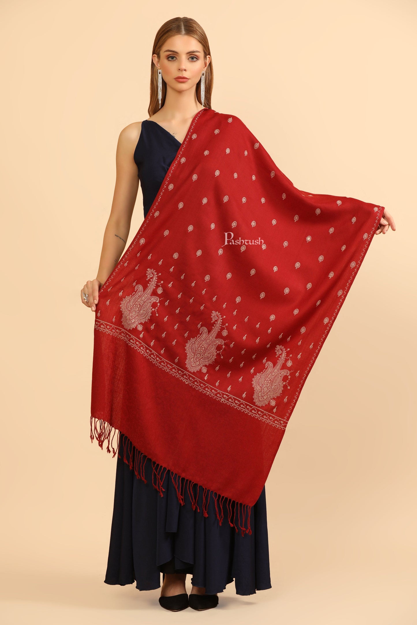 Pashtush India Womens Stoles Pashtush Womens Fine Wool Stole, Tone On Tone Embroidery Design, Maroon