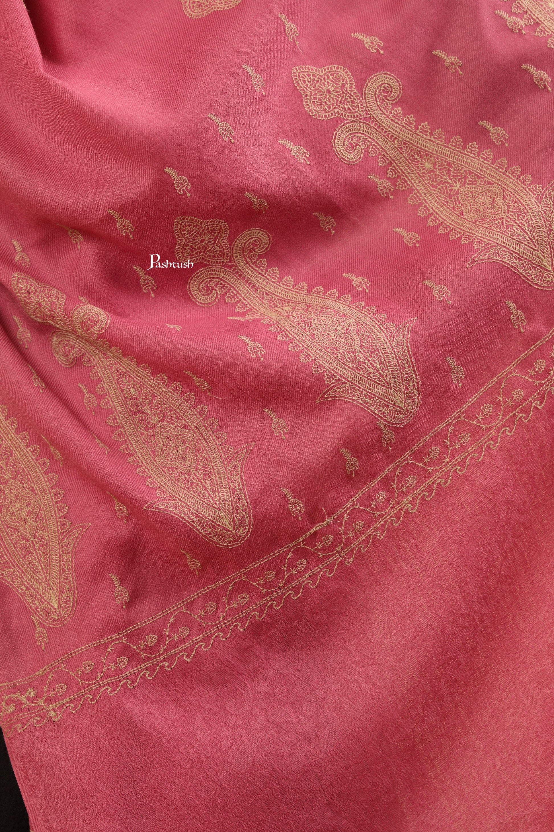 Pashtush India Womens Stoles Pashtush Womens Fine Wool Stole, Tone On Tone Embroidery Design, Pink