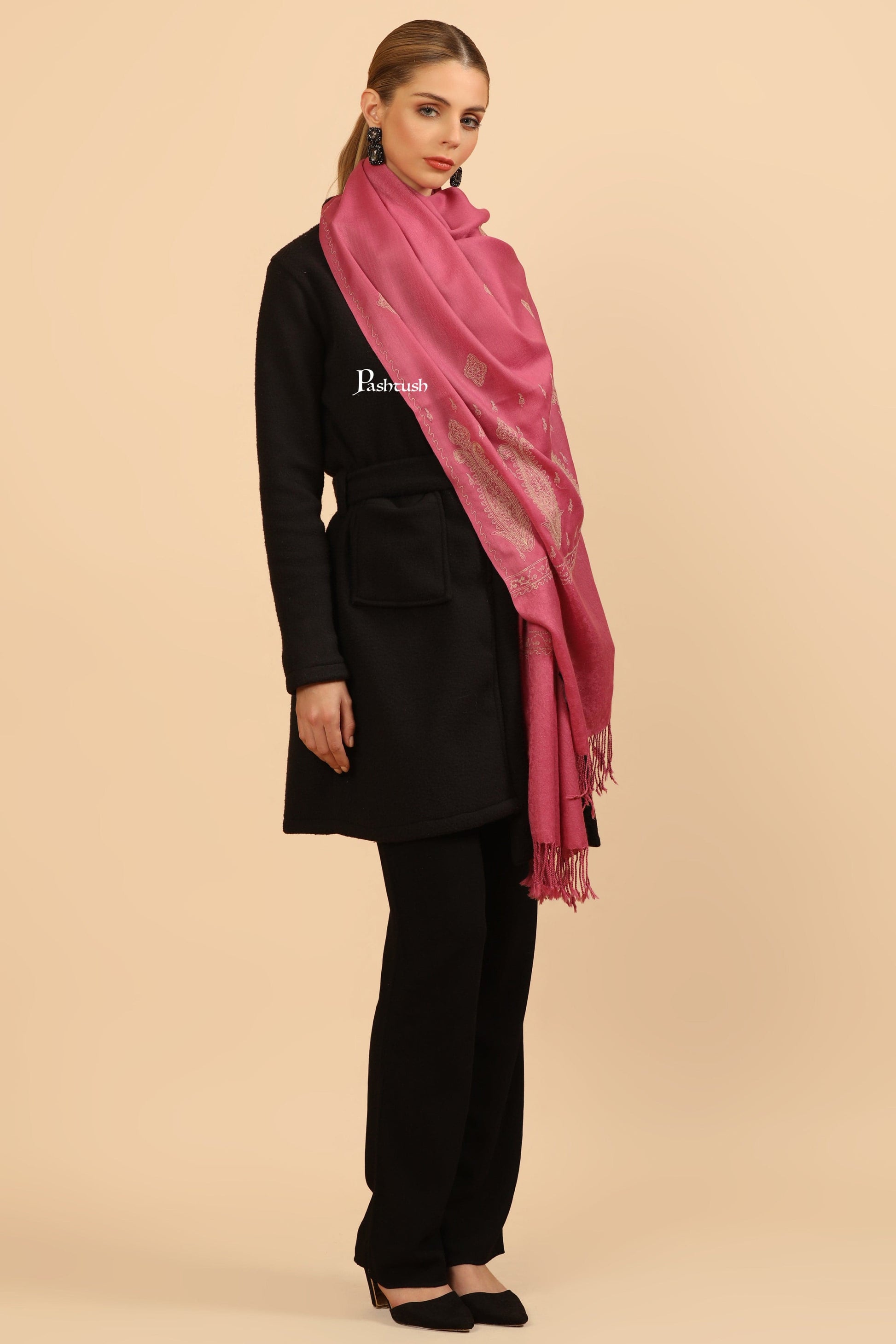 Pashtush India Womens Stoles Pashtush Womens Fine Wool Stole, Tone On Tone Embroidery Design, Pink