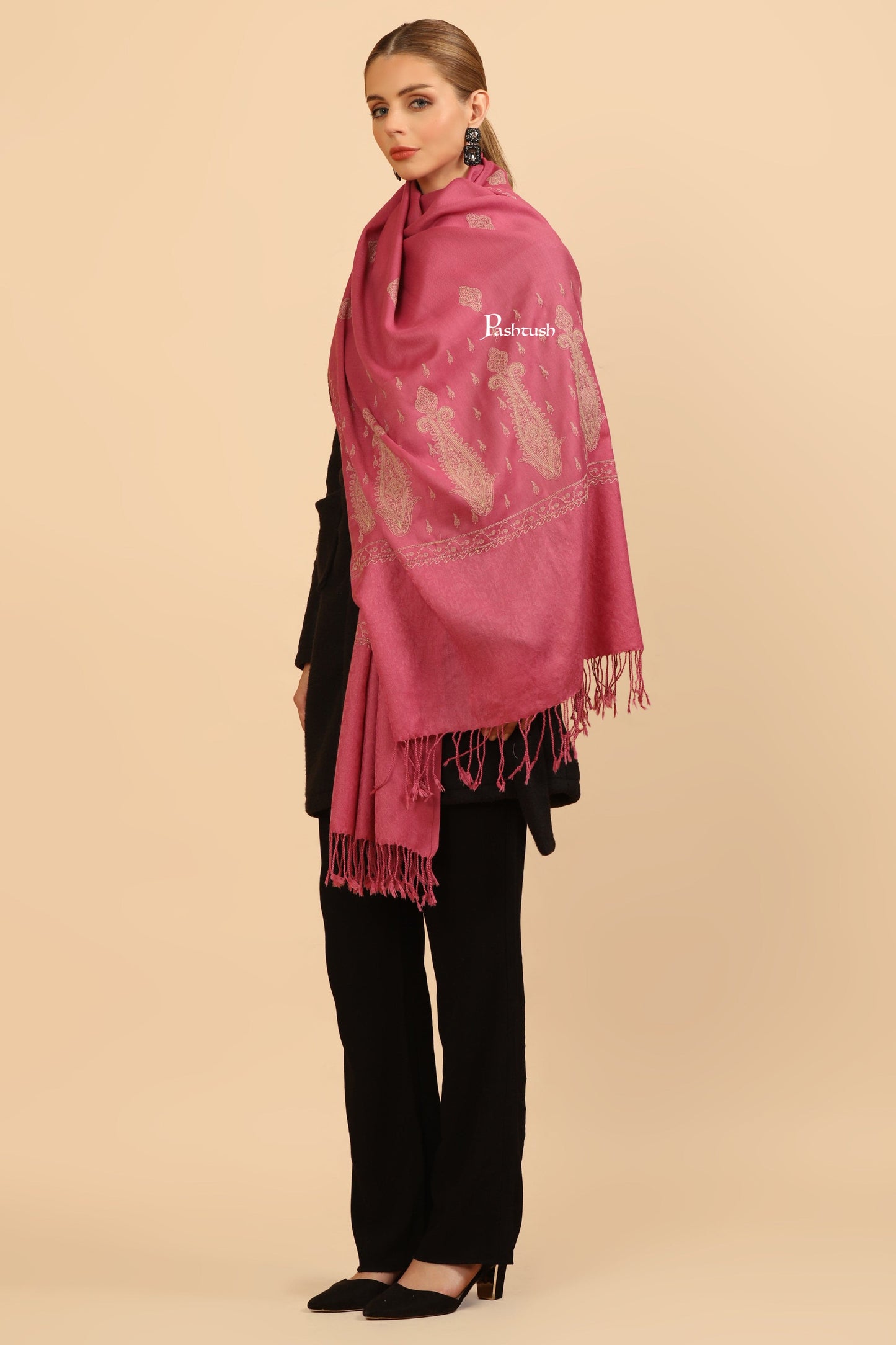 Pashtush India Womens Stoles Pashtush Womens Fine Wool Stole, Tone On Tone Embroidery Design, Pink