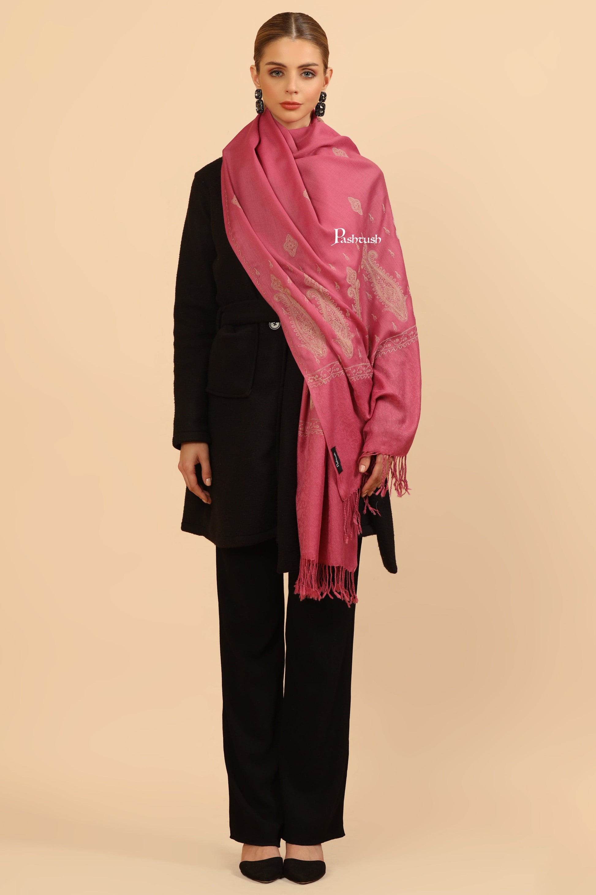 Pashtush India Womens Stoles Pashtush Womens Fine Wool Stole, Tone On Tone Embroidery Design, Pink