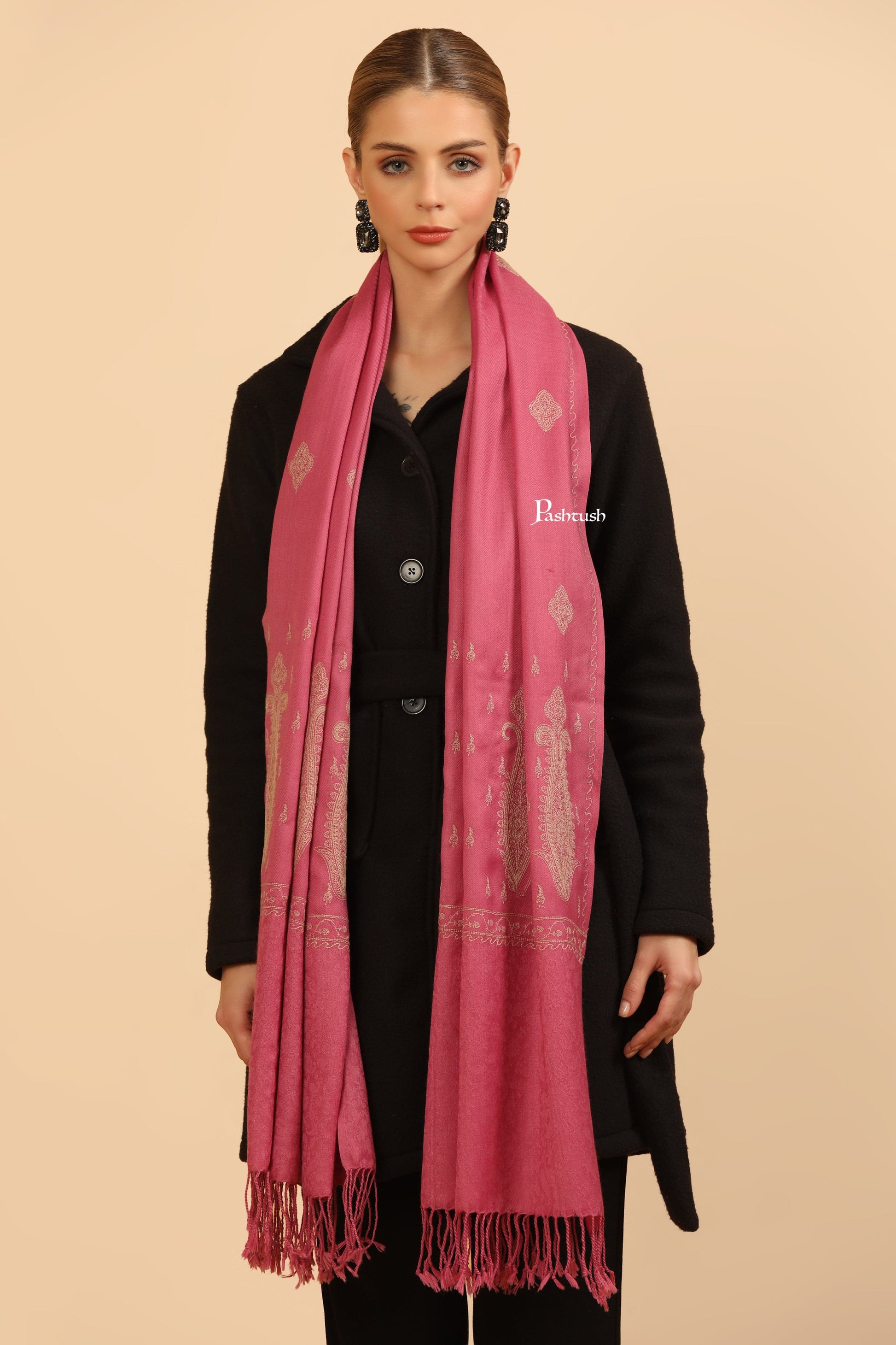 Pashtush India Womens Stoles Pashtush Womens Fine Wool Stole, Tone On Tone Embroidery Design, Pink