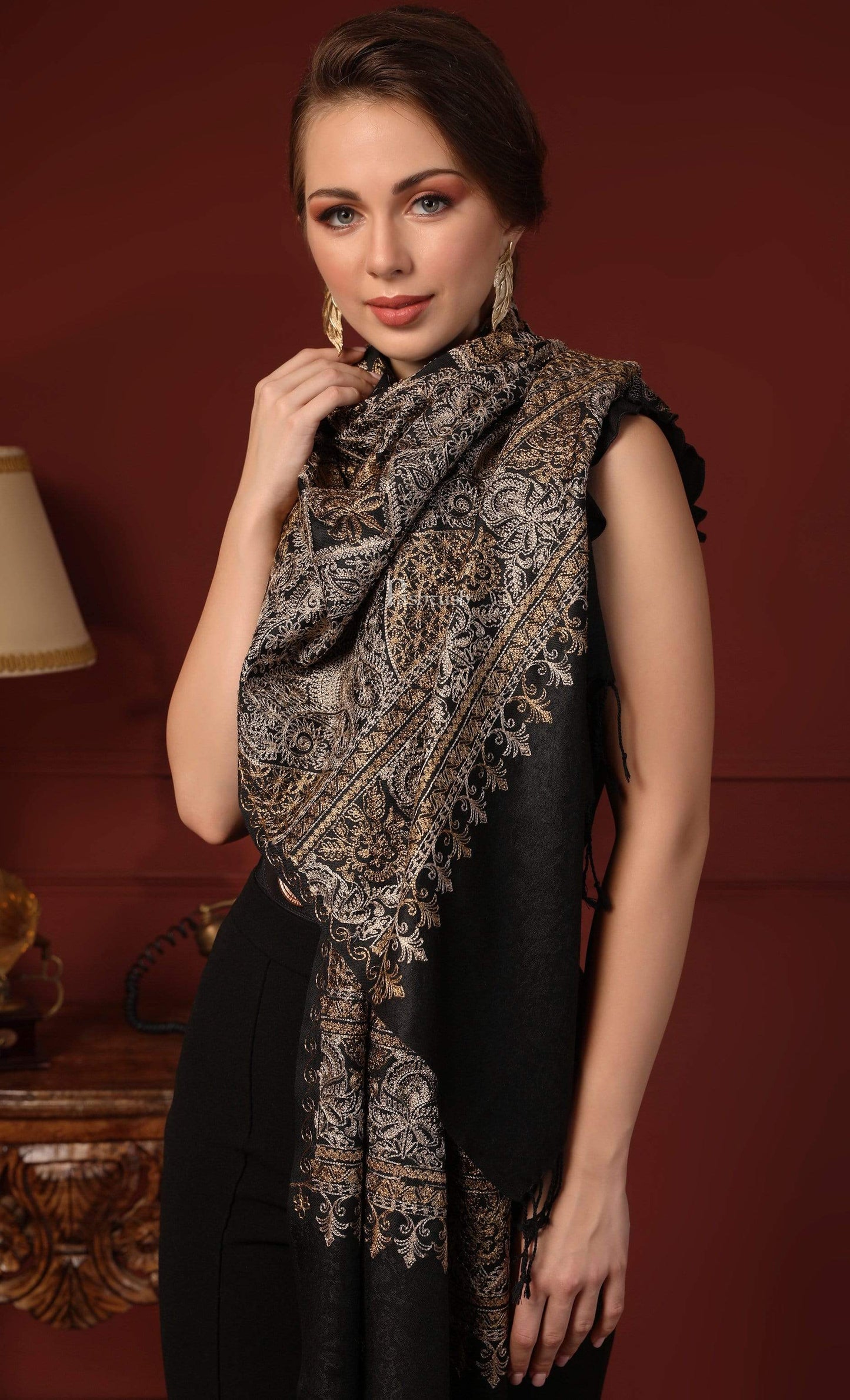 Pashtush India 70x200 Pashtush Womens Fine Wool Stole with Nalki Embroidery, Black
