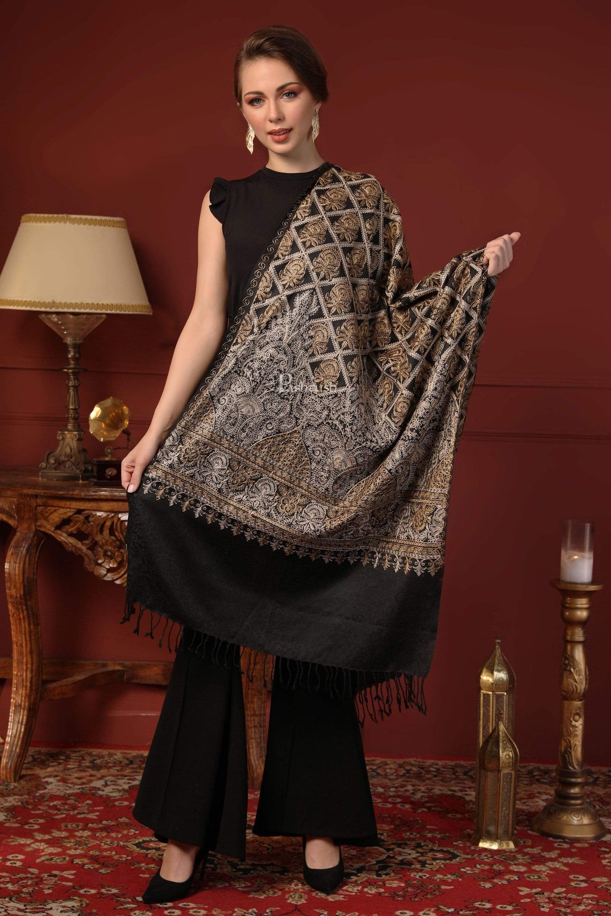 Pashtush India 70x200 Pashtush Womens Fine Wool Stole with Nalki Embroidery, Black