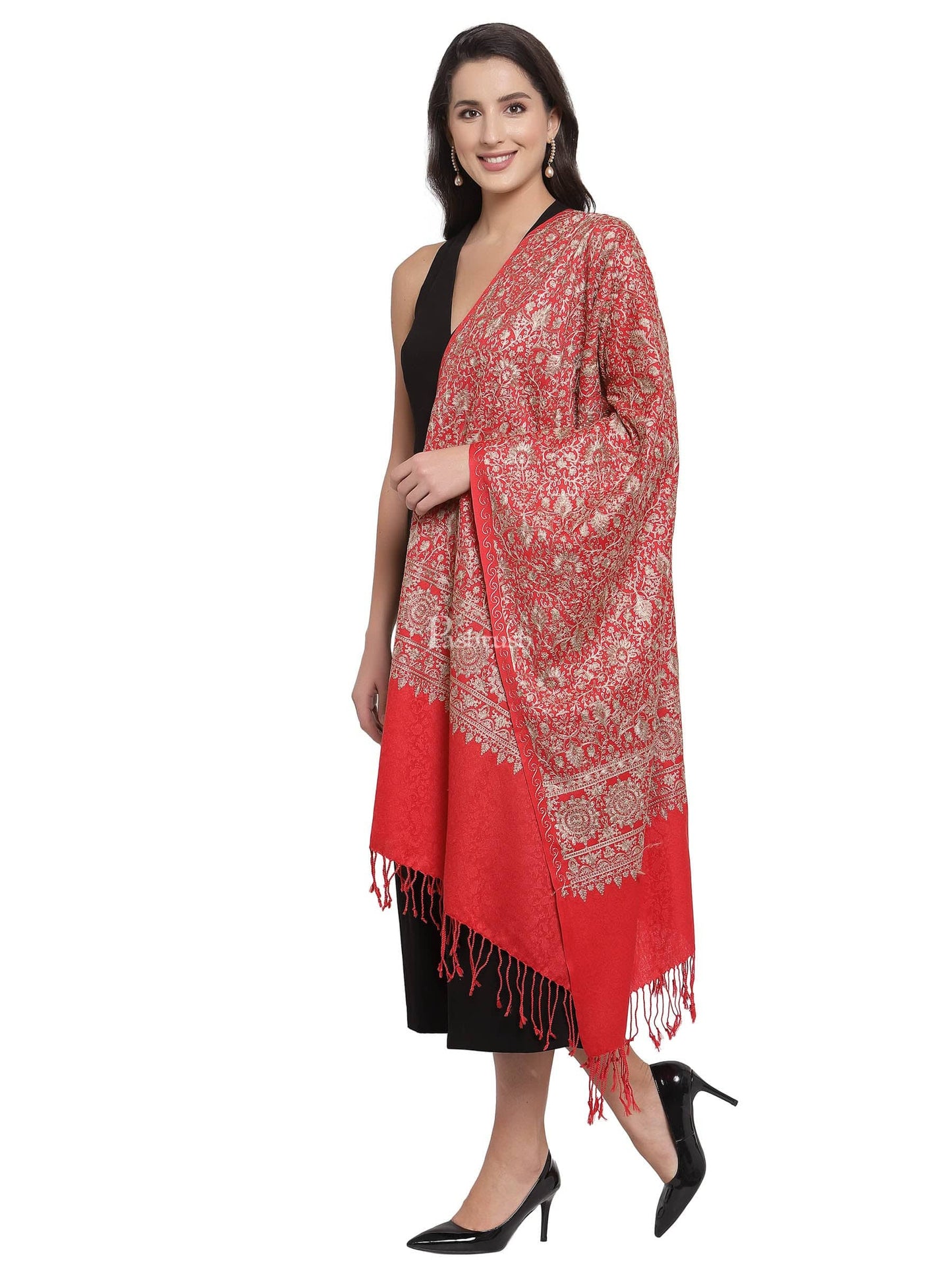 Pashtush India Womens Stoles and Scarves Scarf Pashtush Womens Fine Wool Stole With Nalki Embroidery, Red