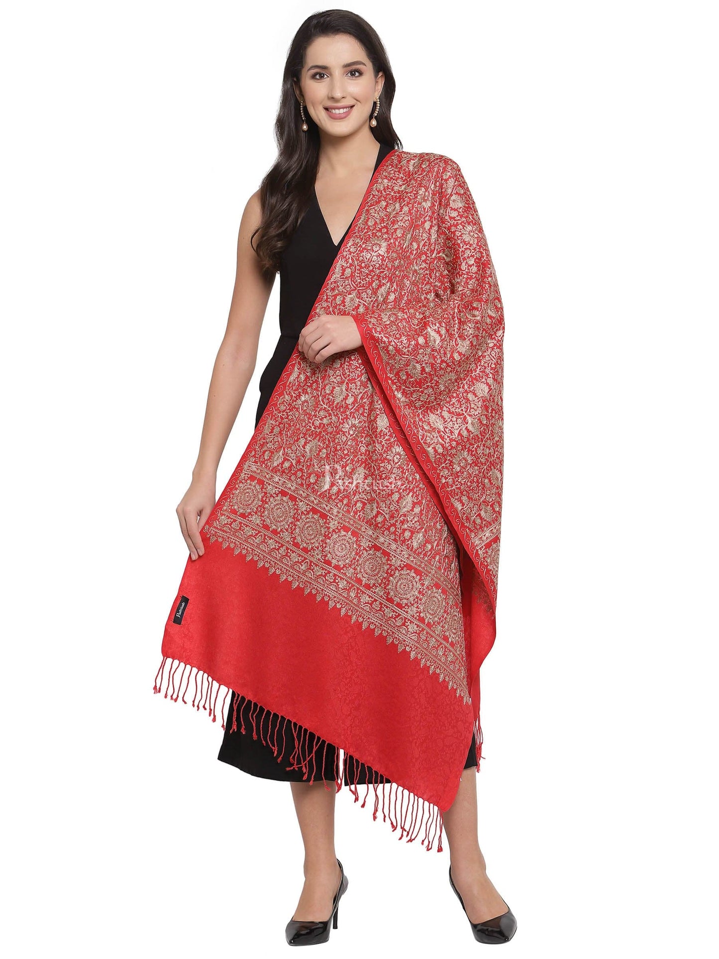 Pashtush India Womens Stoles and Scarves Scarf Pashtush Womens Fine Wool Stole With Nalki Embroidery, Red
