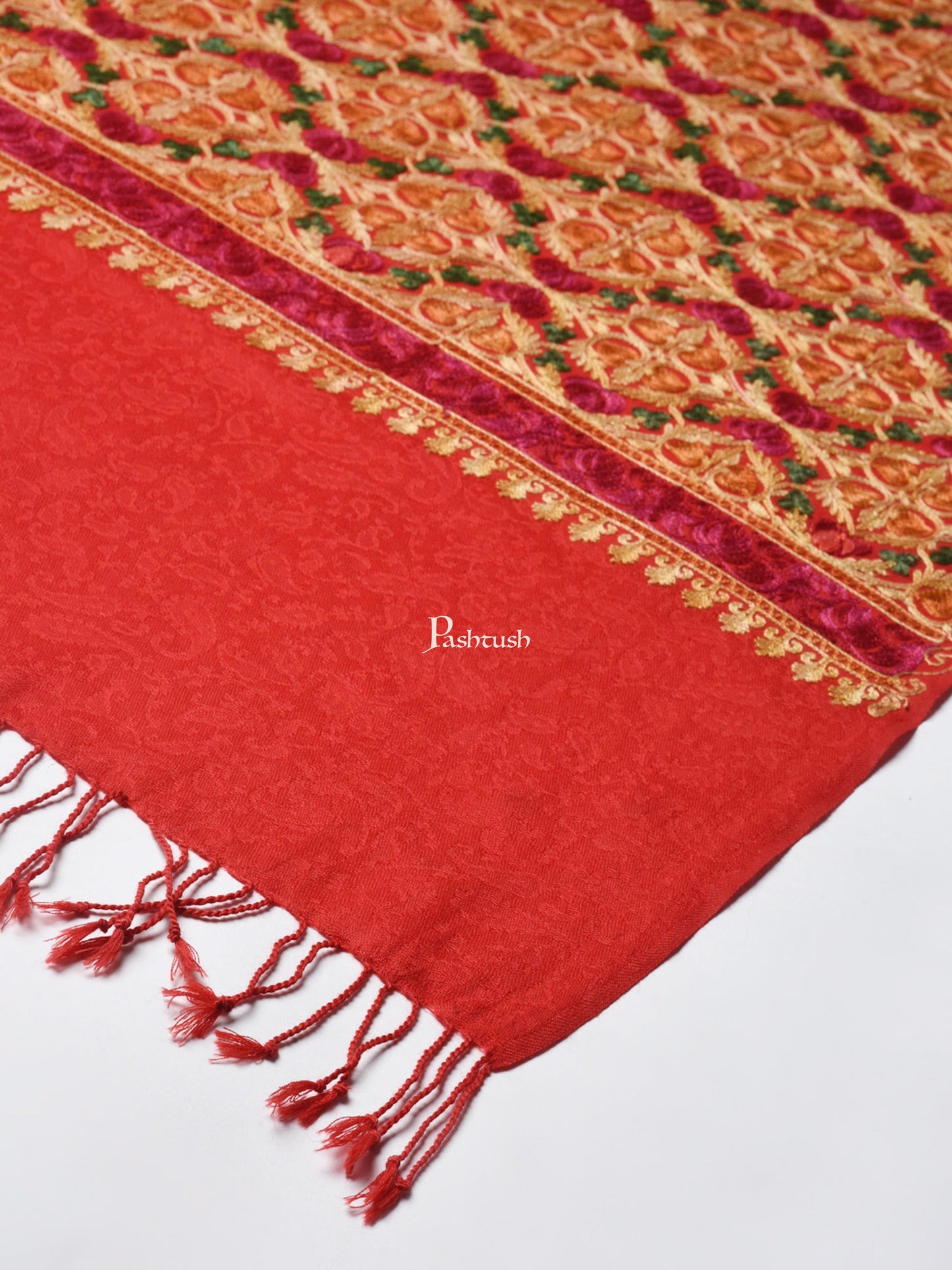 Pashtush India Womens Stoles and Scarves Scarf Pashtush Womens Fine Wool Stole With Nalki Embroidery, Red