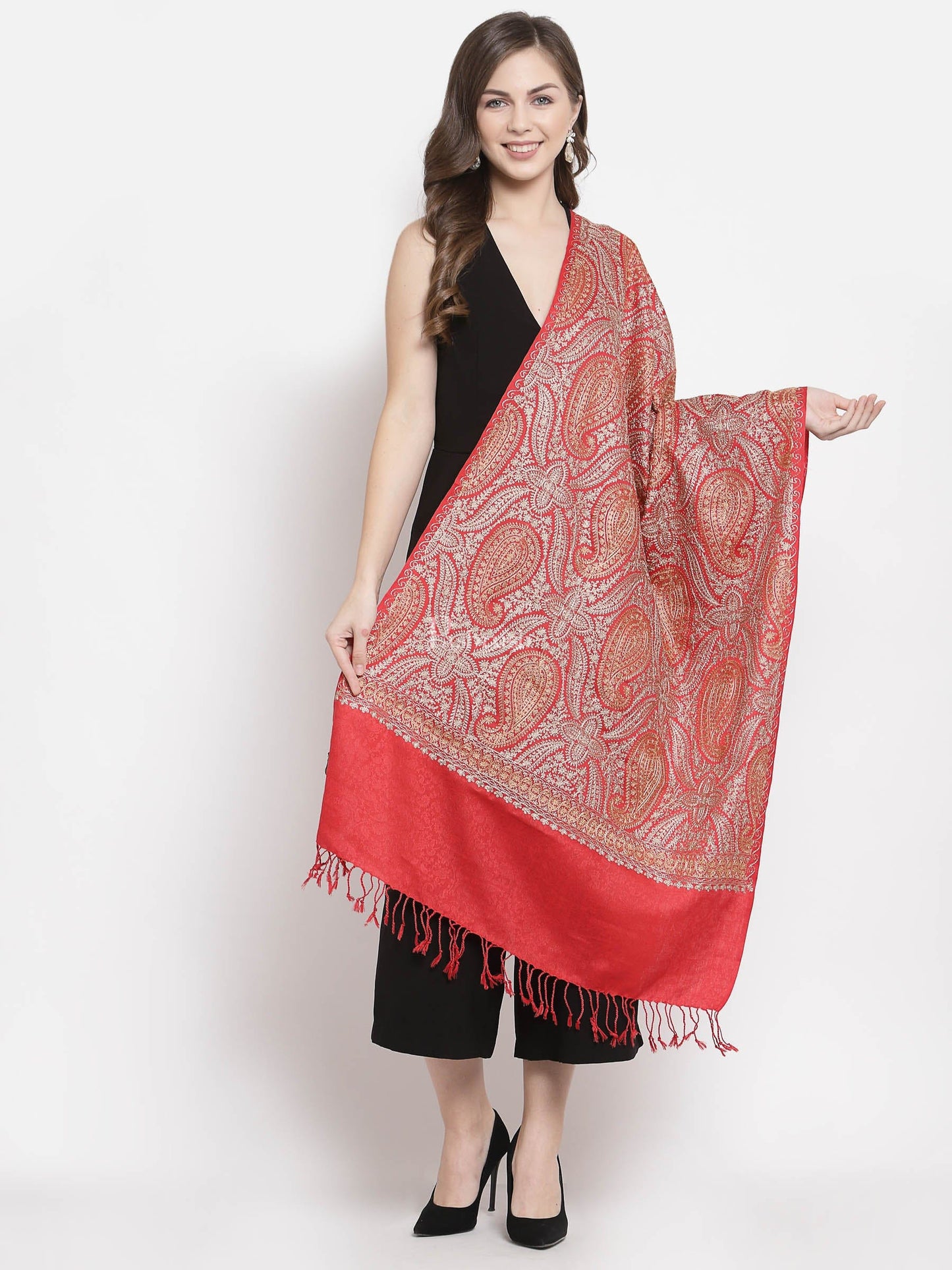 Pashtush India Womens Stoles and Scarves Scarf Pashtush Womens Fine Wool Stole, With Silky Nalki Embroidery, Self Weave, Crimson Red