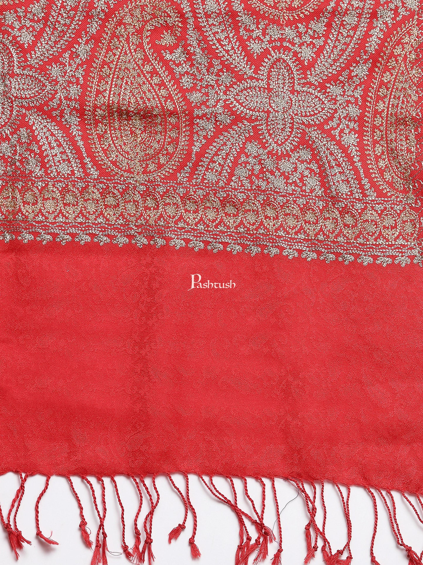 Pashtush India Womens Stoles and Scarves Scarf Pashtush Womens Fine Wool Stole, With Silky Nalki Embroidery, Self Weave, Crimson Red
