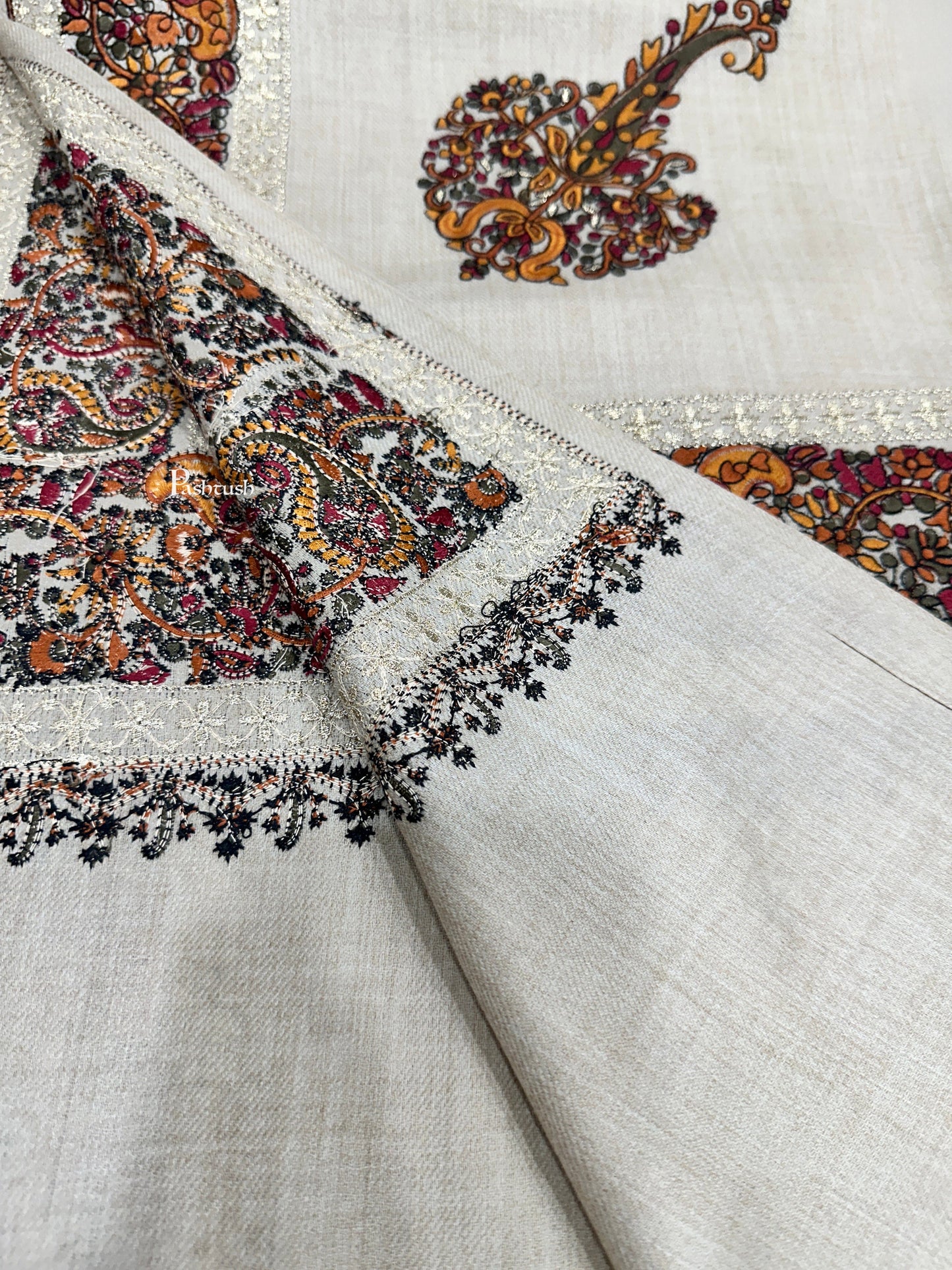 Pashtush India Womens Shawls Pashtush Womens Fine Wool Tilla Border Shawl, Challa Daur with Metallic Detailing, Off White