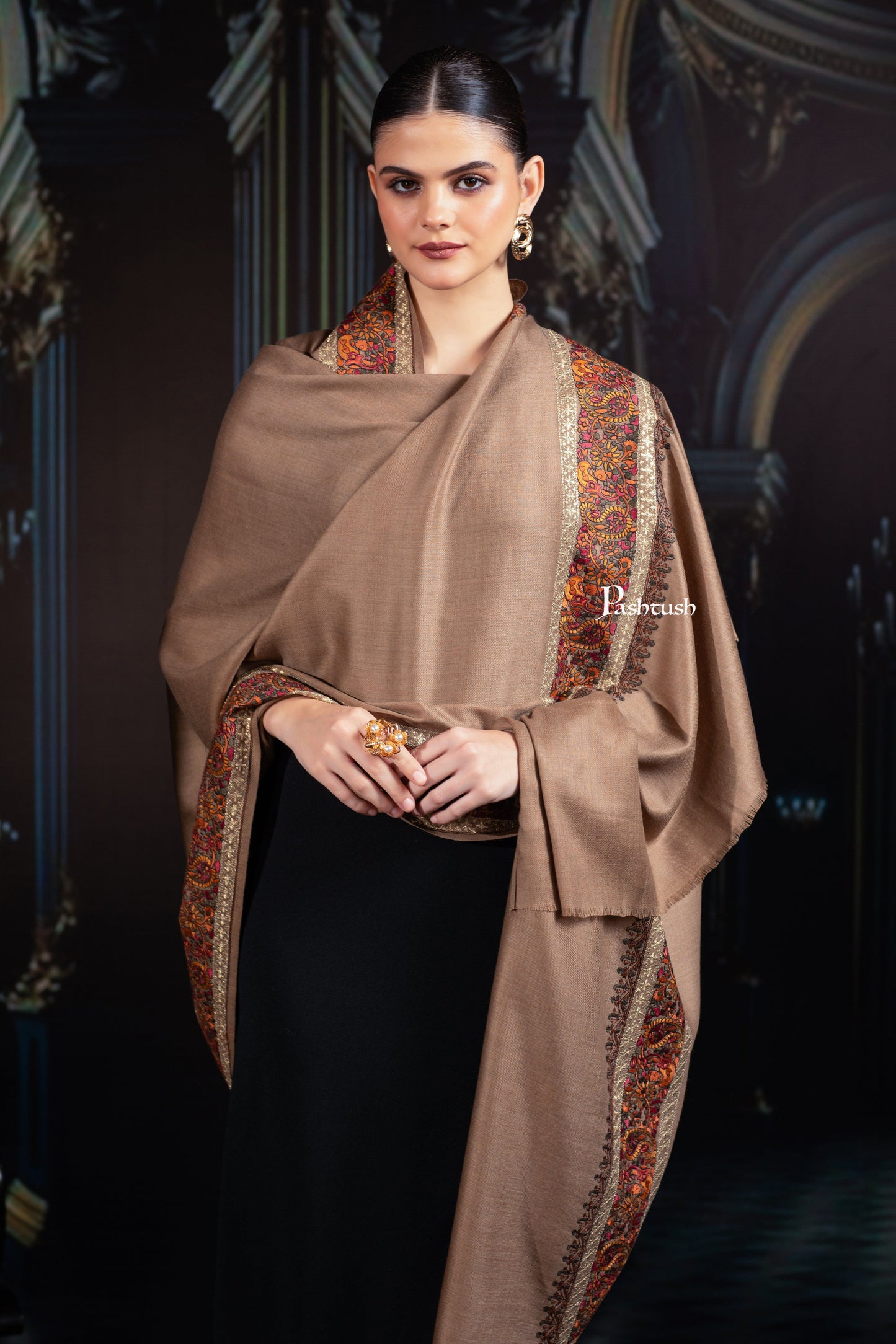 Pashtush India Womens Shawls Pashtush Womens Fine Wool Tilla Border Shawl, Challa Daur with Metallic Detailing, Taupe