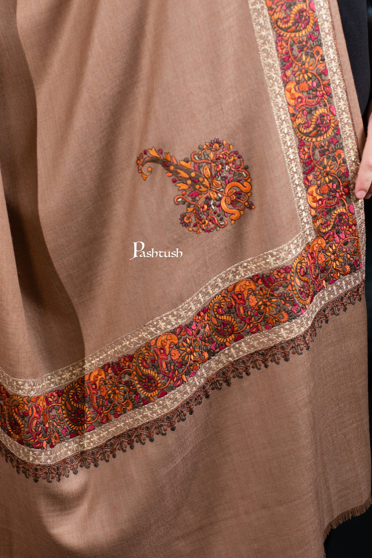 Pashtush India Womens Shawls Pashtush Womens Fine Wool Tilla Border Shawl, Challa Daur with Metallic Detailing, Taupe