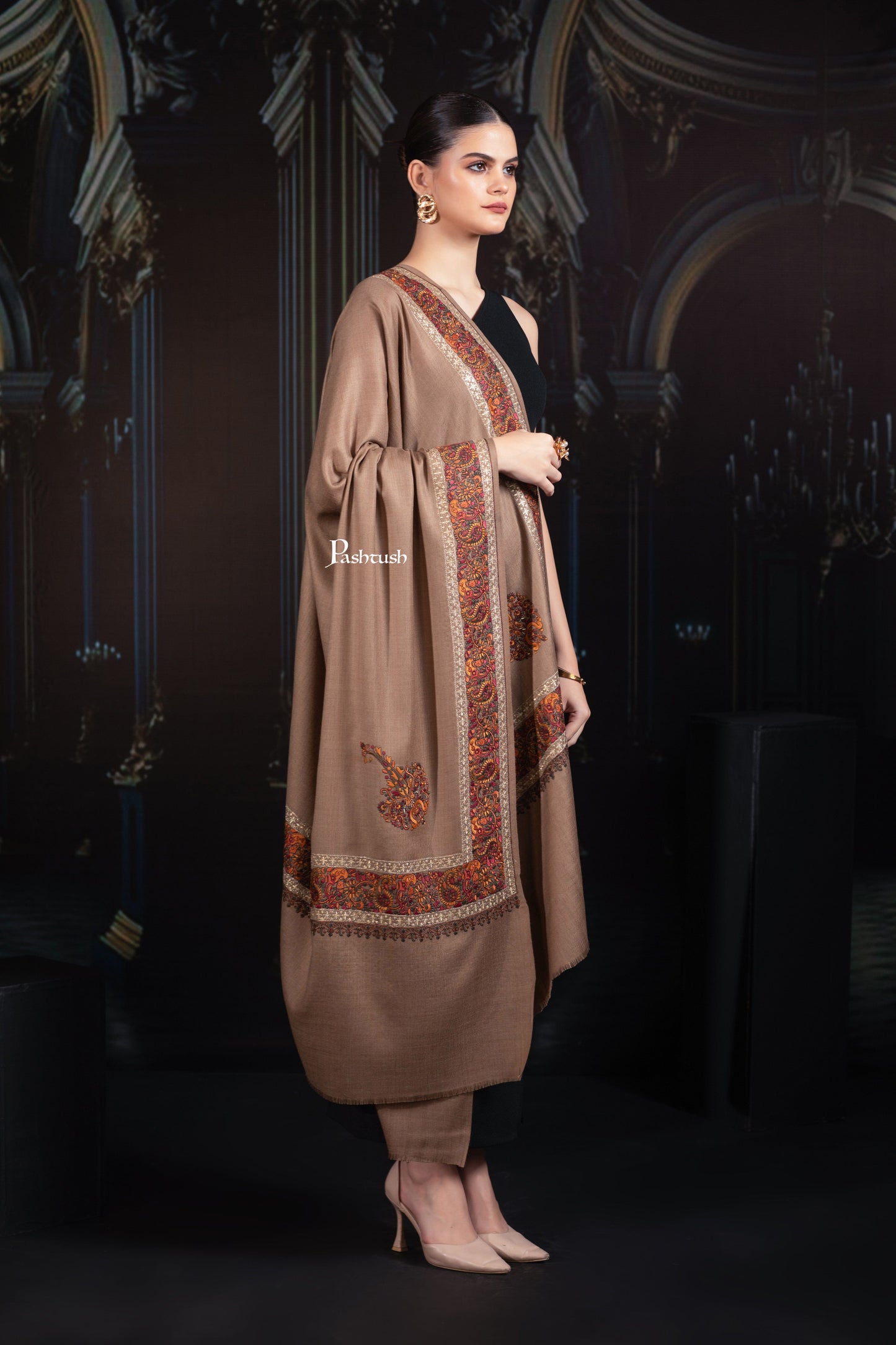 Pashtush India Womens Shawls Pashtush Womens Fine Wool Tilla Border Shawl, Challa Daur with Metallic Detailing, Taupe