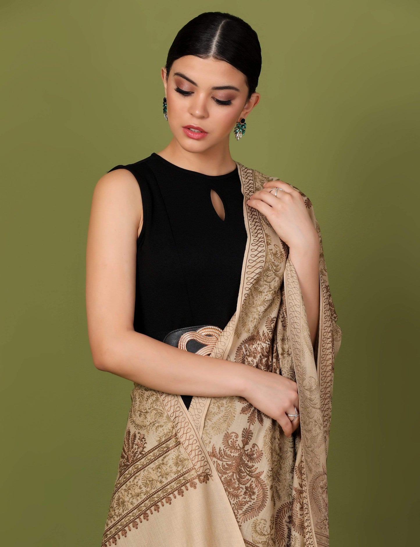 Pashtush Store Stole Pashtush Womens Fine Woollen, Silky Nalki Embroidery Needlework Stole, Sahara Beige