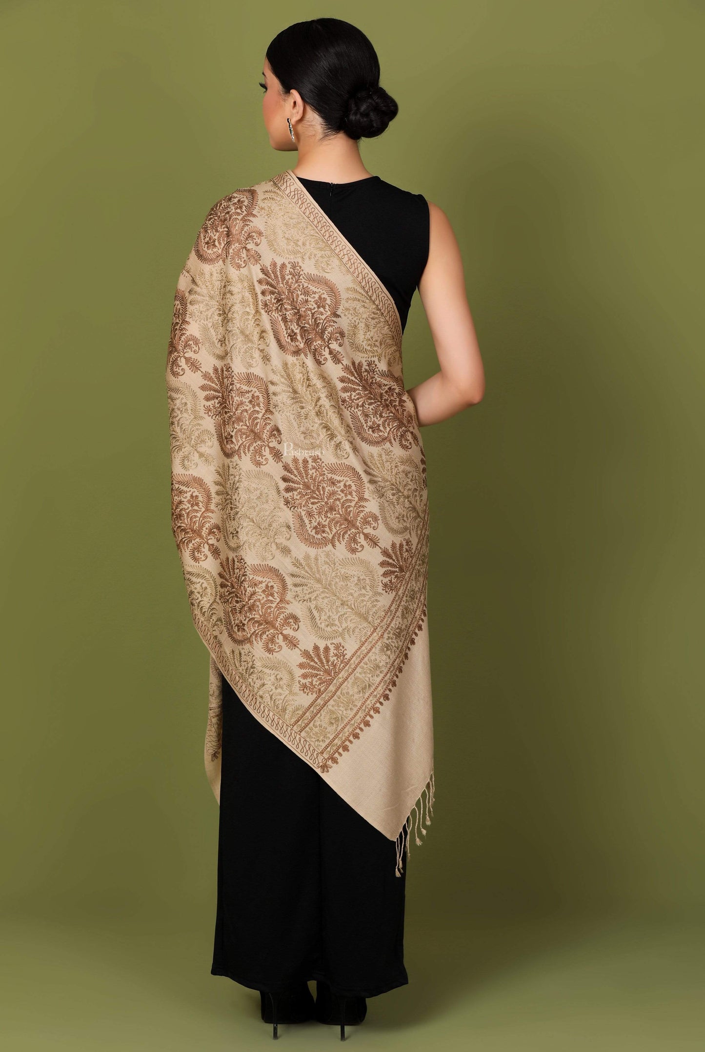 Pashtush Store Stole Pashtush Womens Fine Woollen, Silky Nalki Embroidery Needlework Stole, Sahara Beige