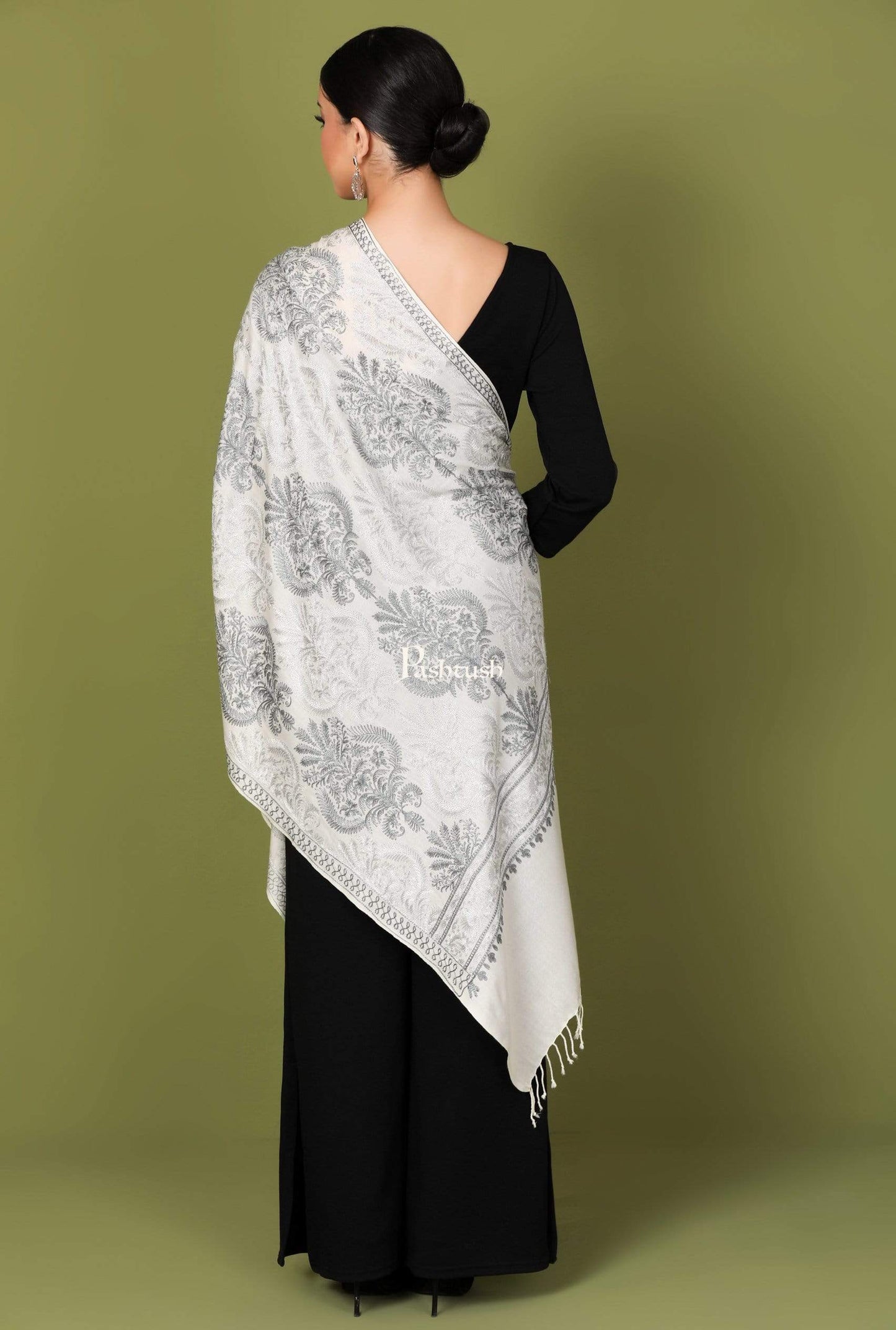 Pashtush Store Stole Pashtush Womens Fine Woollen, Silky Nalki Embroidery Needlework Stole, White