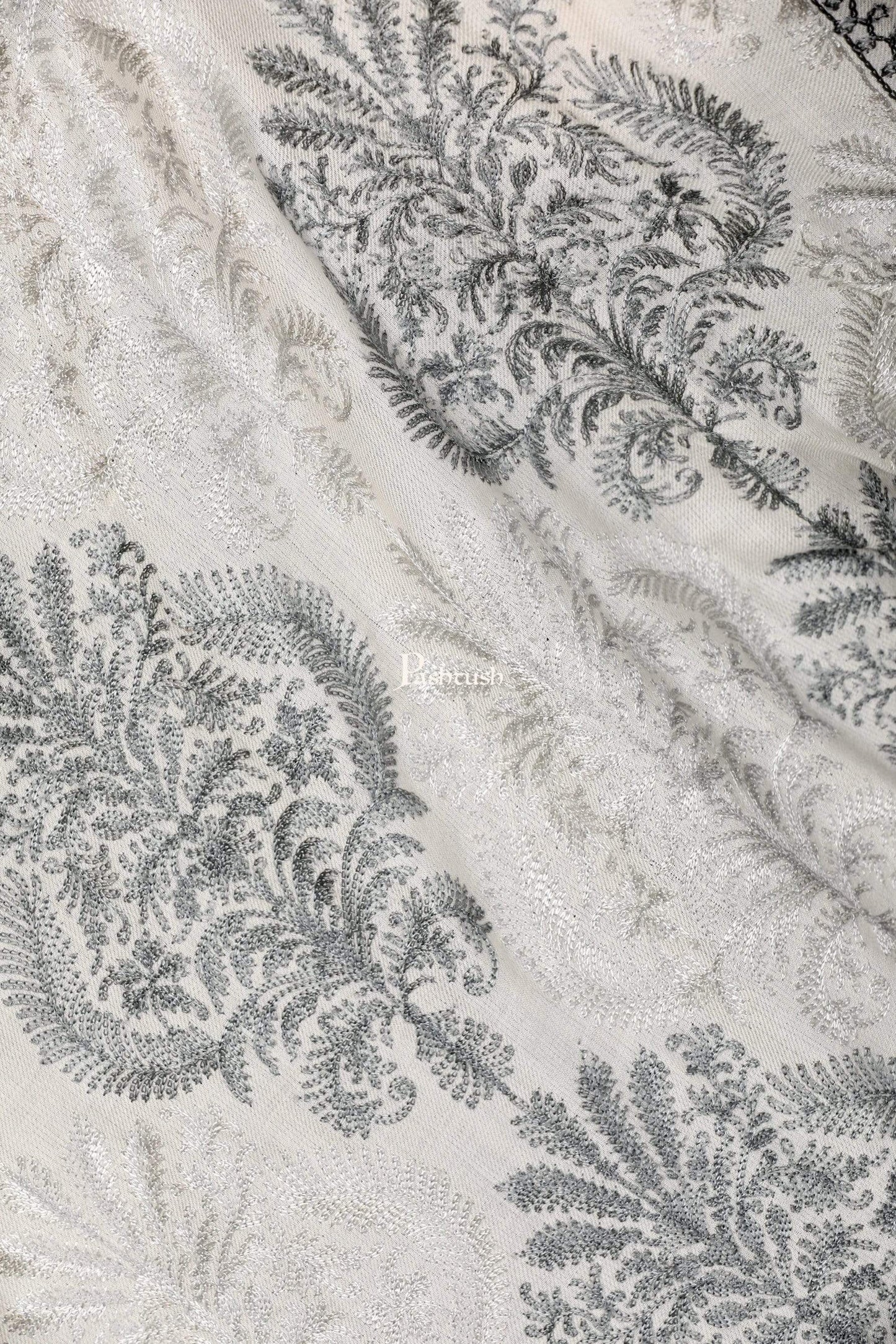 Pashtush Store Stole Pashtush Womens Fine Woollen, Silky Nalki Embroidery Needlework Stole, White