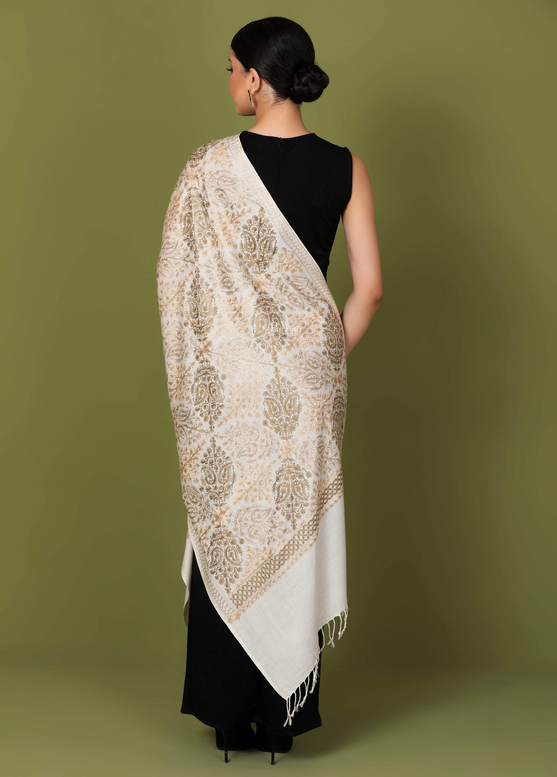 Pashtush India 70x200 Pashtush Womens Fine Woollen, Silky Nalki Embroidery Needlework Stole, White